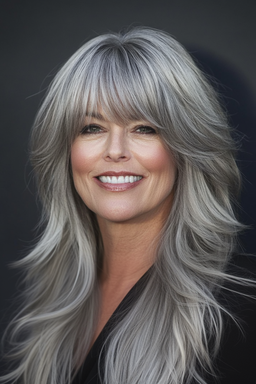 13. Neck-Length Feathered Cut with Ash Blonde Blending (Hairstyles For Women Over 50 With Bangs) - Hairstyles For Women Over 50 With Bangs