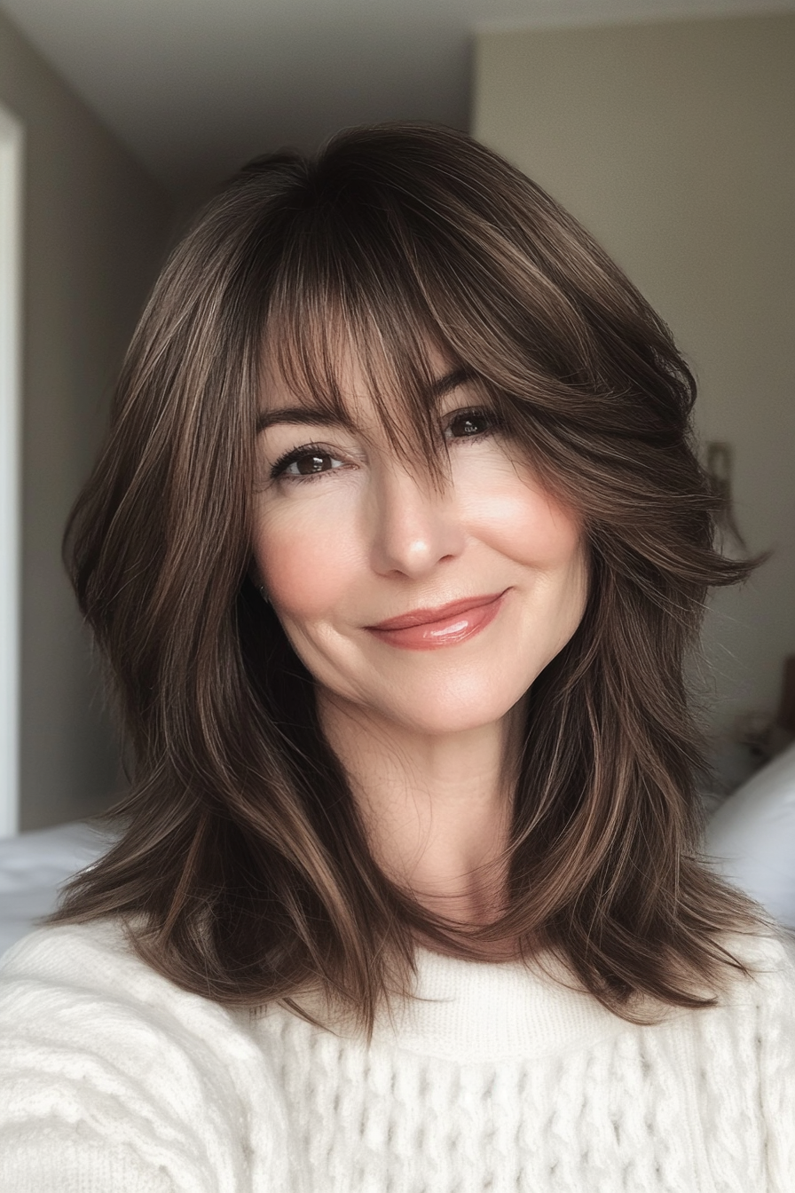 14. Classic Shoulder-Length Cut with Mocha Tones (Hairstyles For Women Over 50 With Bangs) - Hairstyles For Women Over 50 With Bangs
