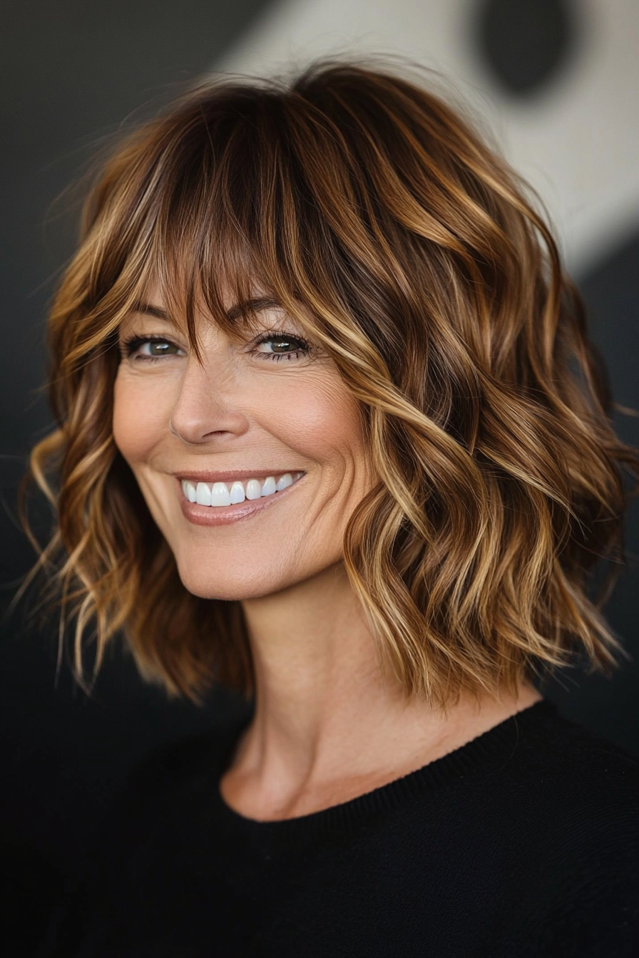 15. Wispy Bangs with Chestnut Wavy Bob (Hairstyles For Women Over 50 With Bangs) - Hairstyles For Women Over 50 With Bangs