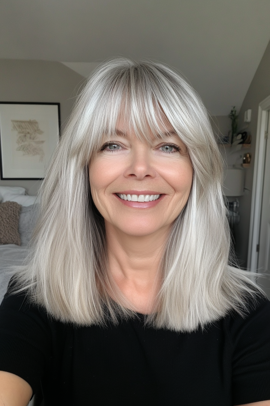 16. Textured Lob with Silver Blonde Strands (Hairstyles For Women Over 50 With Bangs) - Hairstyles For Women Over 50 With Bangs