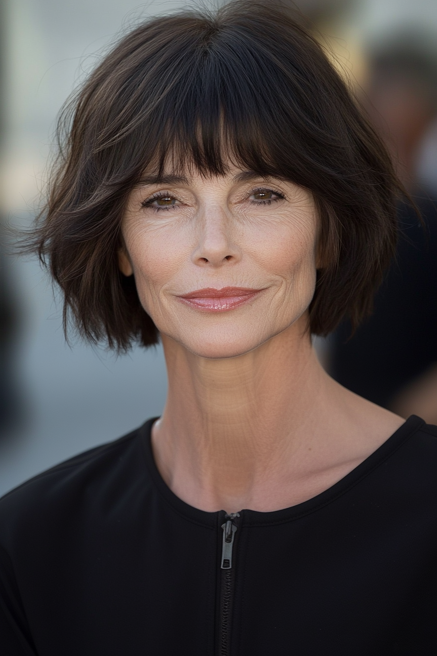 17. Short and Sleek Bowl Cut with Deep Brown Roots (Hairstyles For Women Over 50 With Bangs) - Hairstyles For Women Over 50 With Bangs