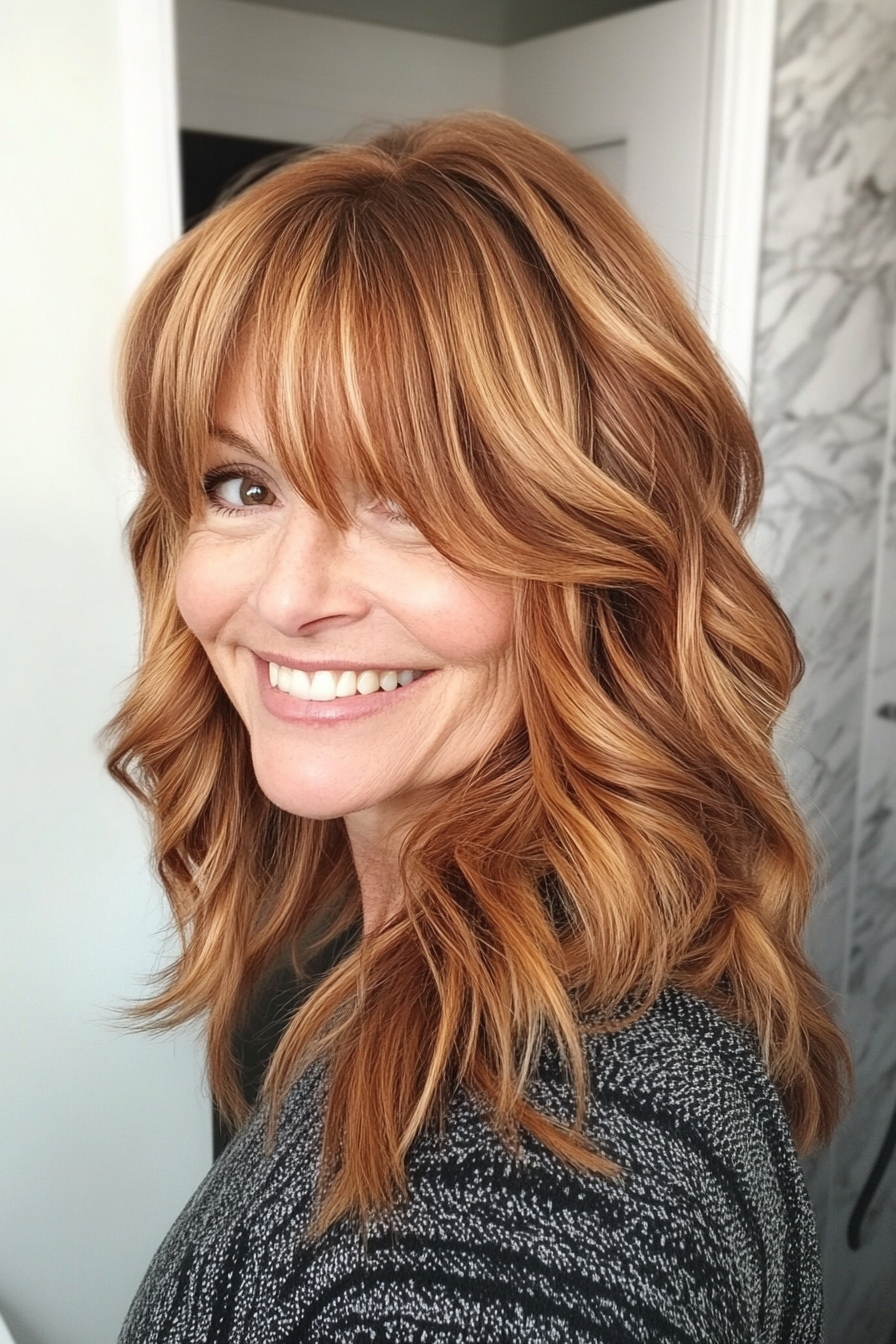 19. Mid-Length Wavy Layers with Warm Cinnamon Tones (Hairstyles For Women Over 50 With Bangs) - Hairstyles For Women Over 50 With Bangs