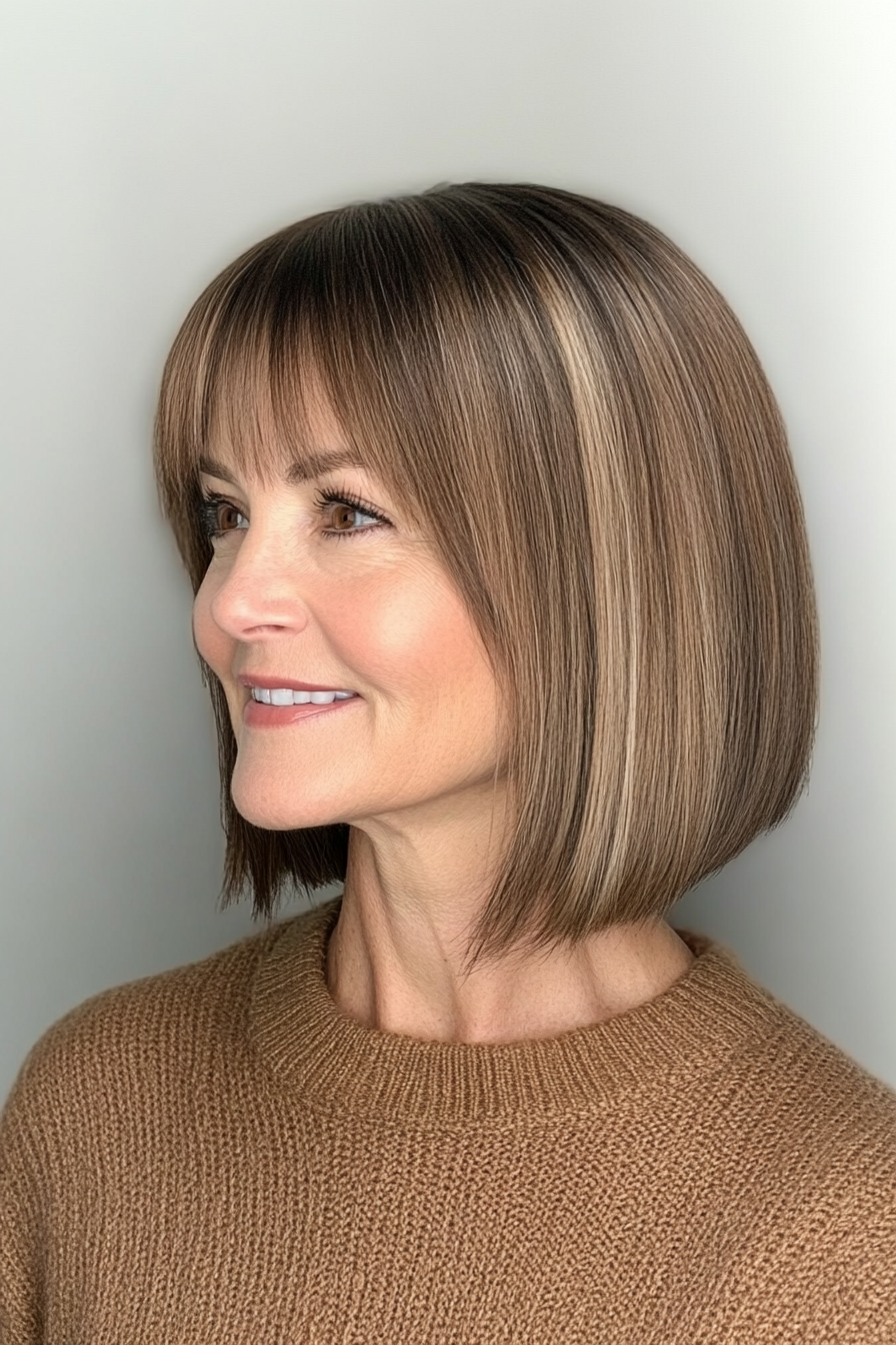 20. Full Bangs with Classic Straight Bob in Dark Caramel (Hairstyles For Women Over 50 With Bangs) - Hairstyles For Women Over 50 With Bangs