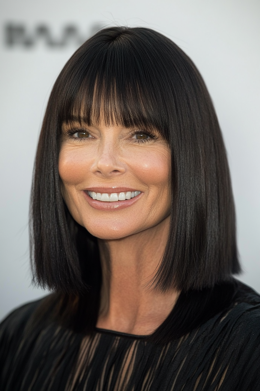21. Shoulder-Length Blunt Cut with Soft Mahogany Tint (Hairstyles For Women Over 50 With Bangs) - Hairstyles For Women Over 50 With Bangs