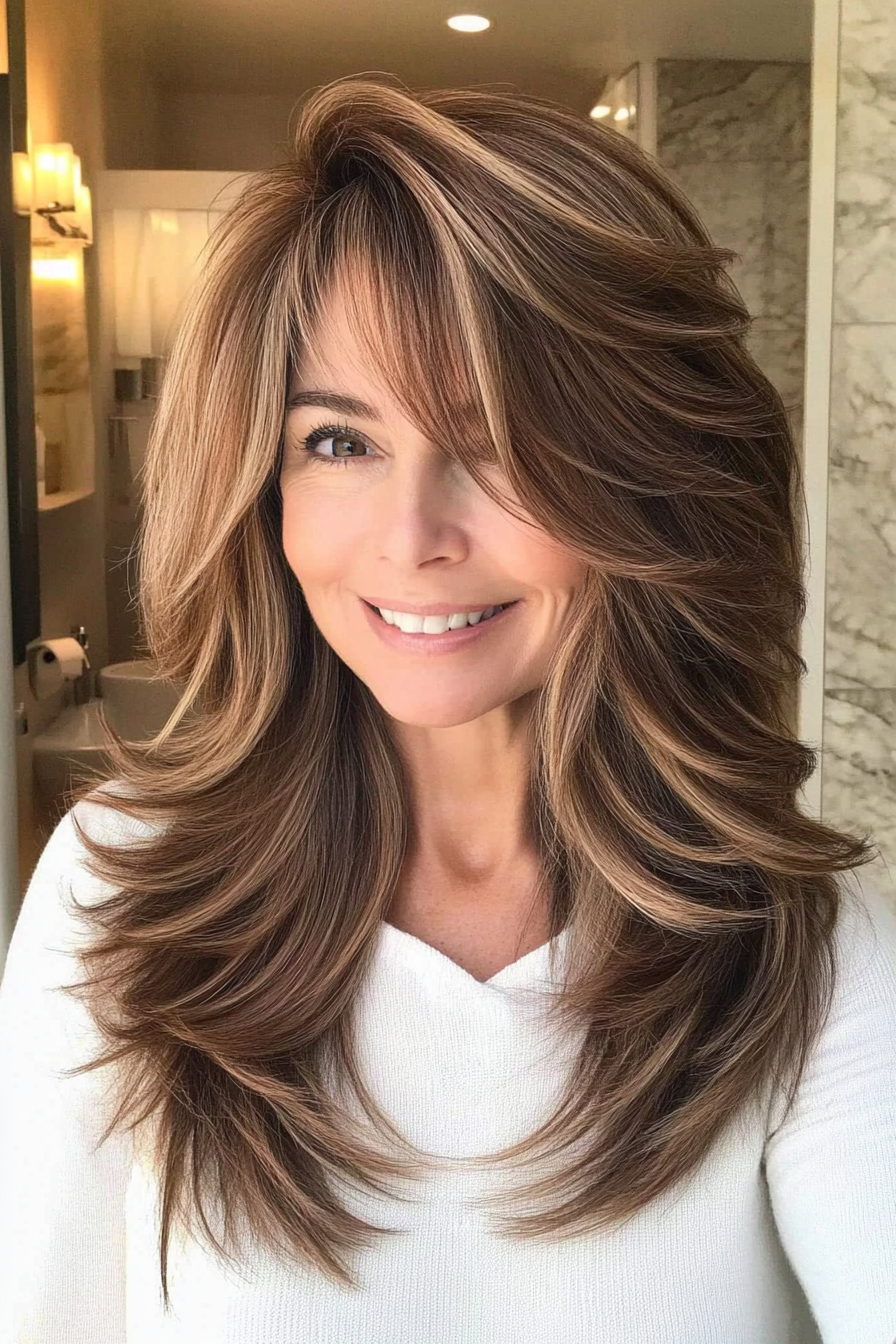 22. Long, Layered Shag with Tawny Brown Lowlights (Hairstyles For Women Over 50 With Bangs) - Hairstyles For Women Over 50 With Bangs