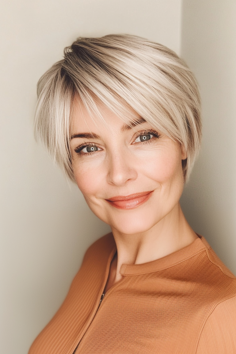 24. Side-Swept Pixie with Warm Honey Blonde Hues (Hairstyles For Women Over 50 With Bangs) - Hairstyles For Women Over 50 With Bangs