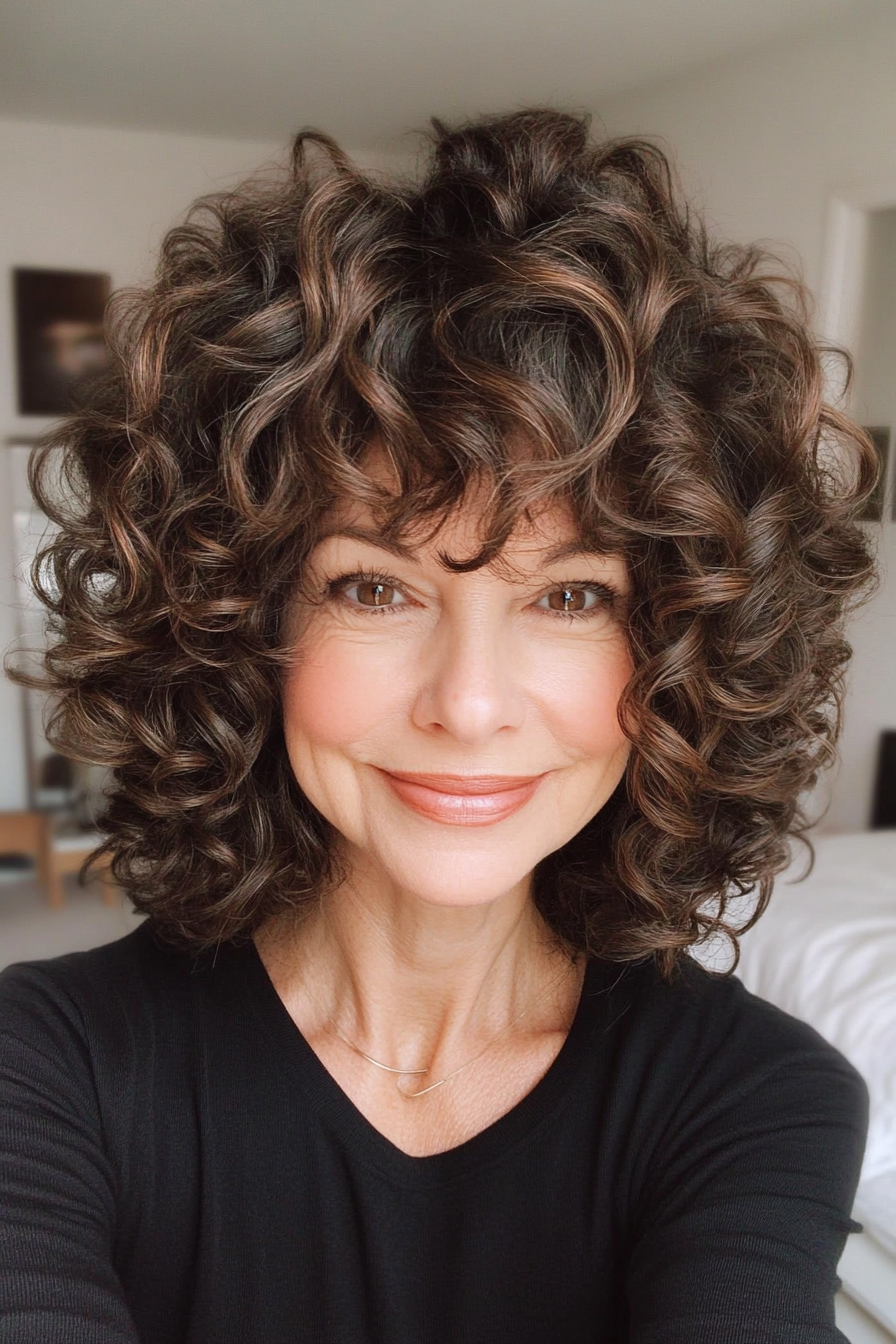 25. Curly Lob with Cocoa Brown Definition (Hairstyles For Women Over 50 With Bangs) - Hairstyles For Women Over 50 With Bangs