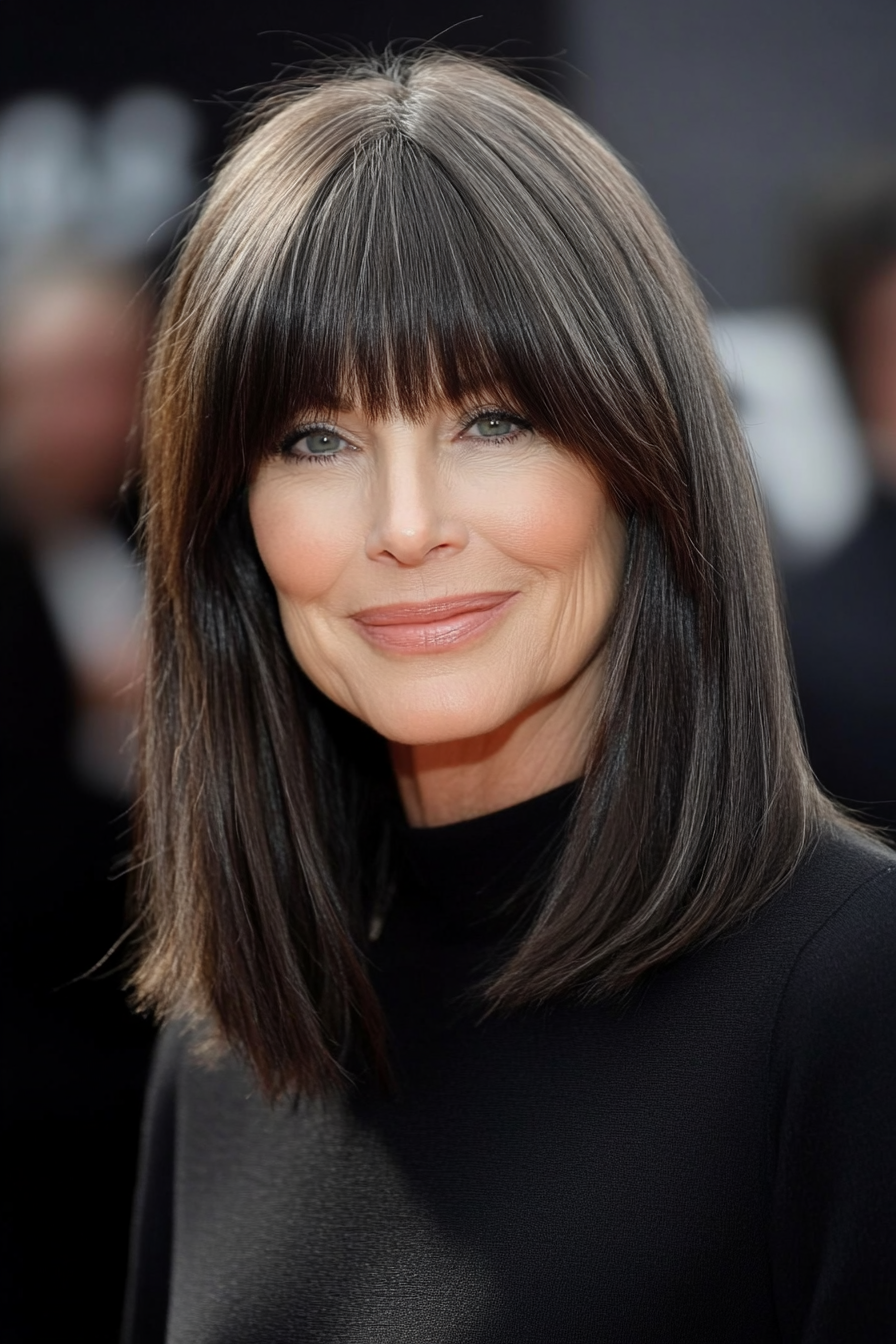 26. Sleek Shoulder-Length Cut with Rich Espresso Shine (Hairstyles For Women Over 50 With Bangs) - Hairstyles For Women Over 50 With Bangs