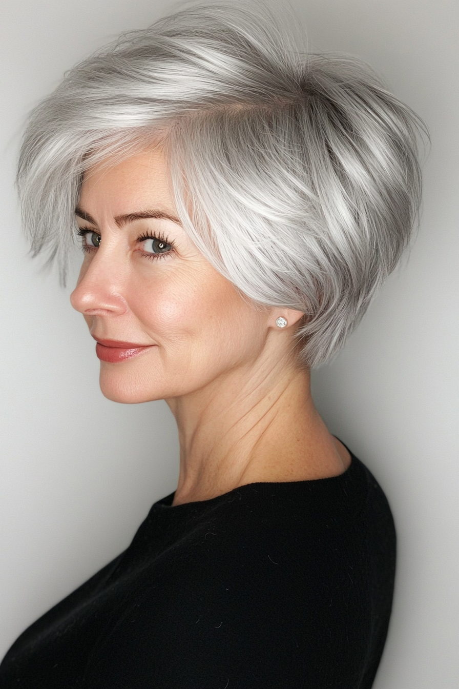 1. Soft Feathered Pixie in Silver Gray (Pixie Hairstyles For Older Women) - Pixie Hairstyles For Older Women