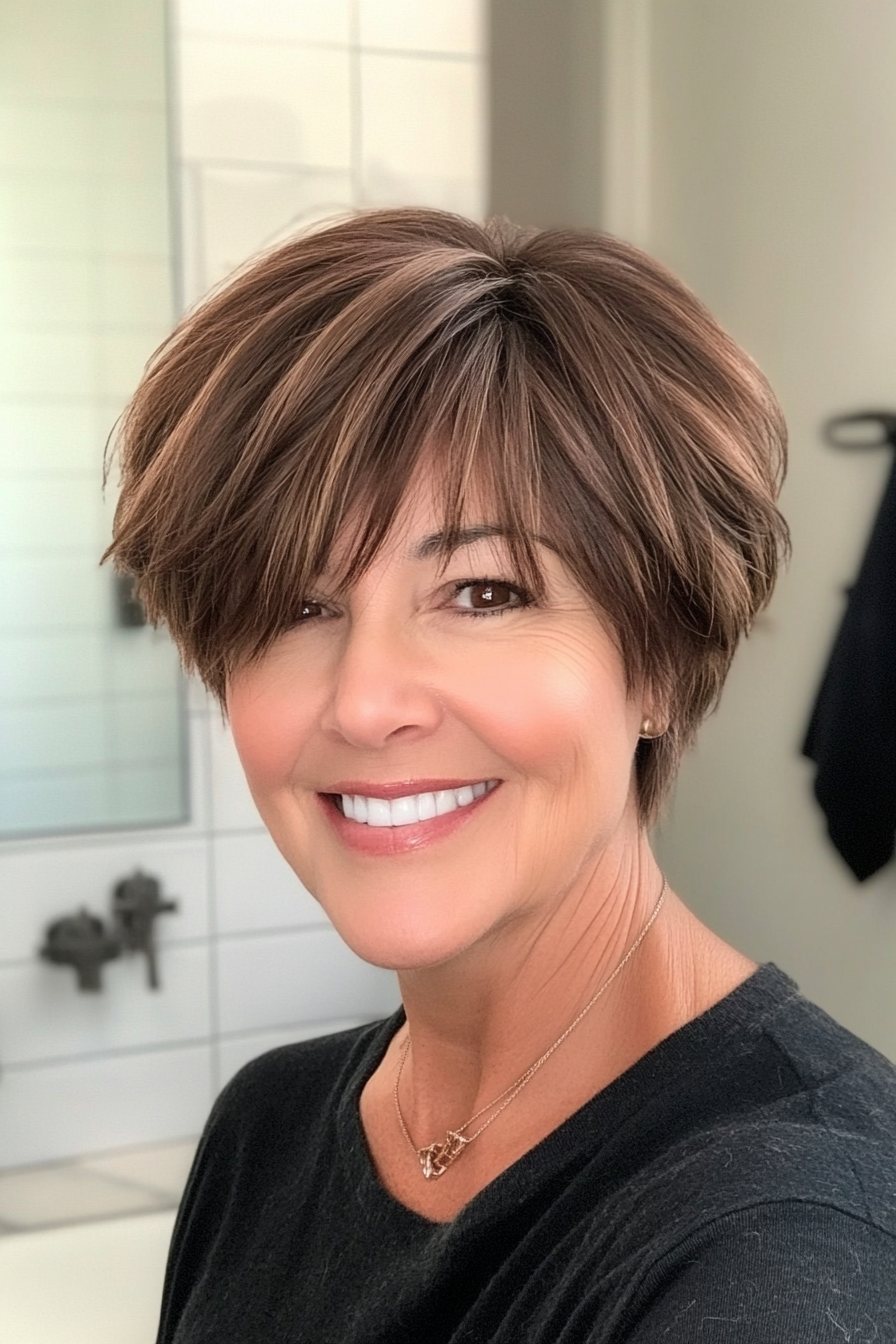 2. Layered Brunette Pixie with Side Bangs (Pixie Hairstyles For Older Women) - Pixie Hairstyles For Older Women