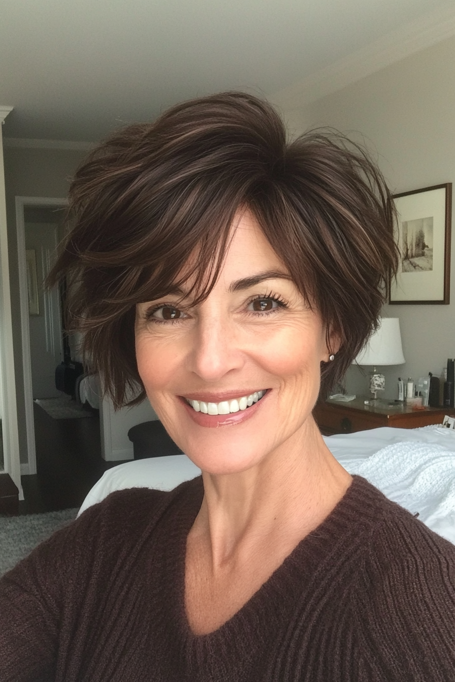 4. Tousled Pixie in Dark Chocolate Brown (Pixie Hairstyles For Older Women) - Pixie Hairstyles For Older Women
