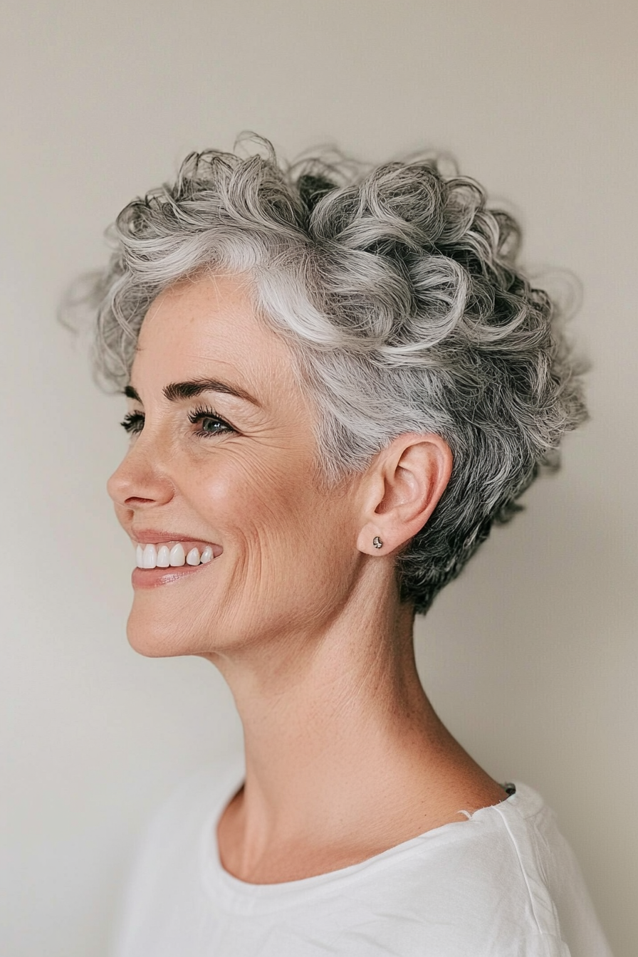 5. Soft Curly Pixie in Natural Gray (Pixie Hairstyles For Older Women) - Pixie Hairstyles For Older Women