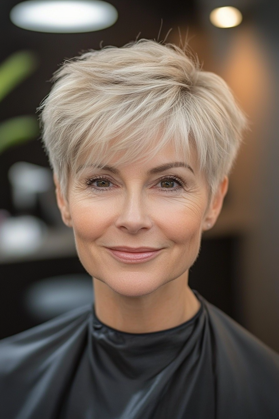 7. Textured Pixie with Wispy Bangs in Sandy Blonde (Pixie Hairstyles For Older Women) - Pixie Hairstyles For Older Women