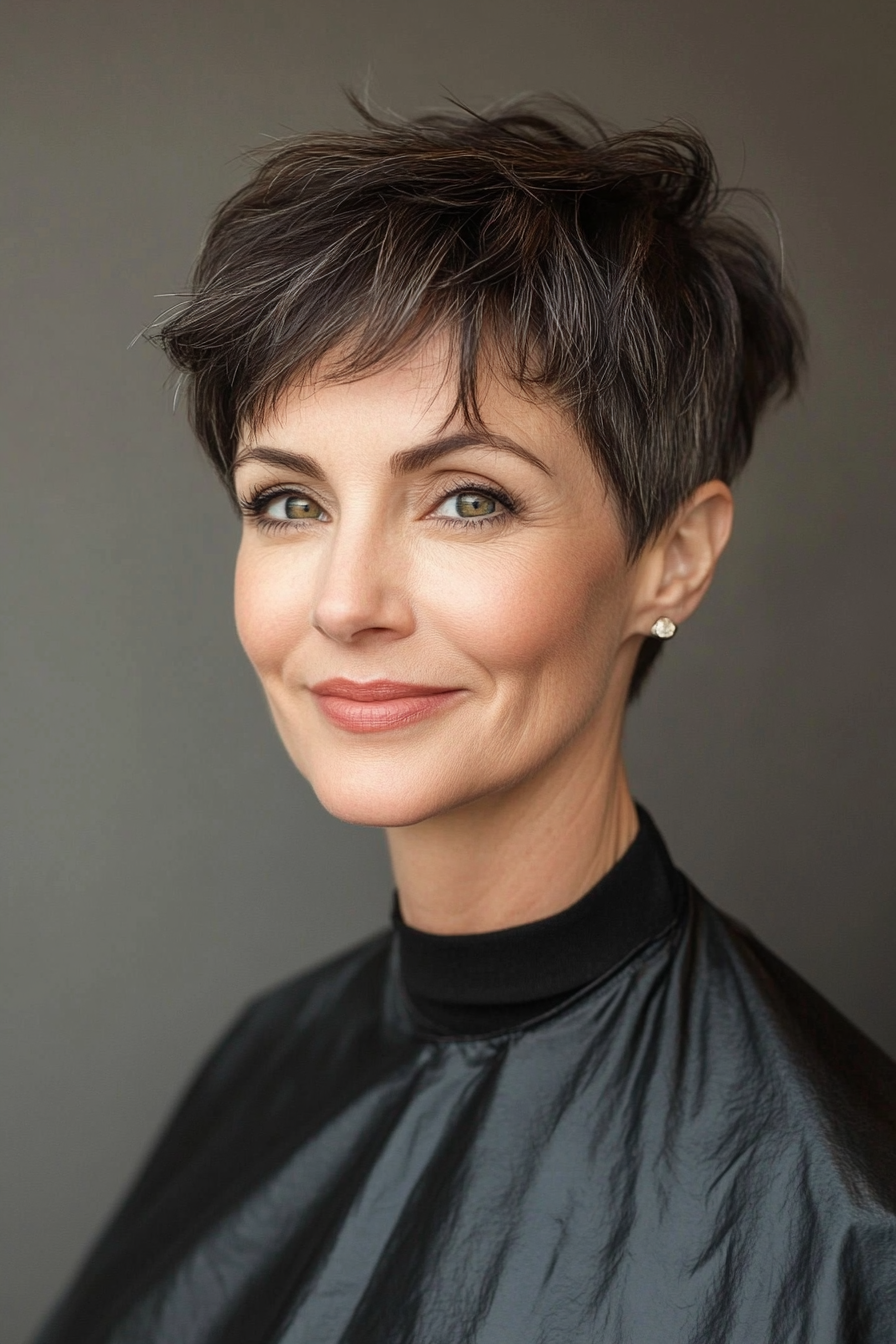 8. Edgy Choppy Pixie in Deep Espresso Brown (Pixie Hairstyles For Older Women) - Pixie Hairstyles For Older Women