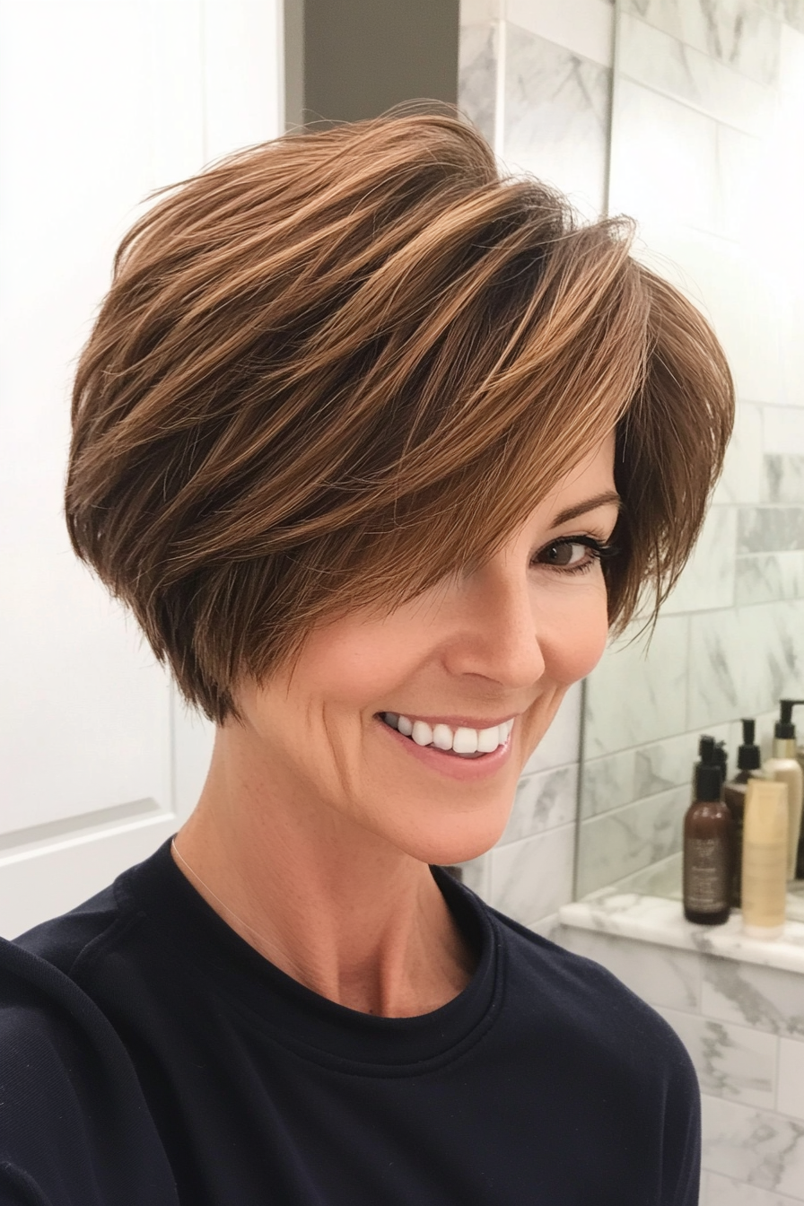 12. Layered Pixie Bob in Caramel Brown (Pixie Hairstyles For Older Women) - Pixie Hairstyles For Older Women