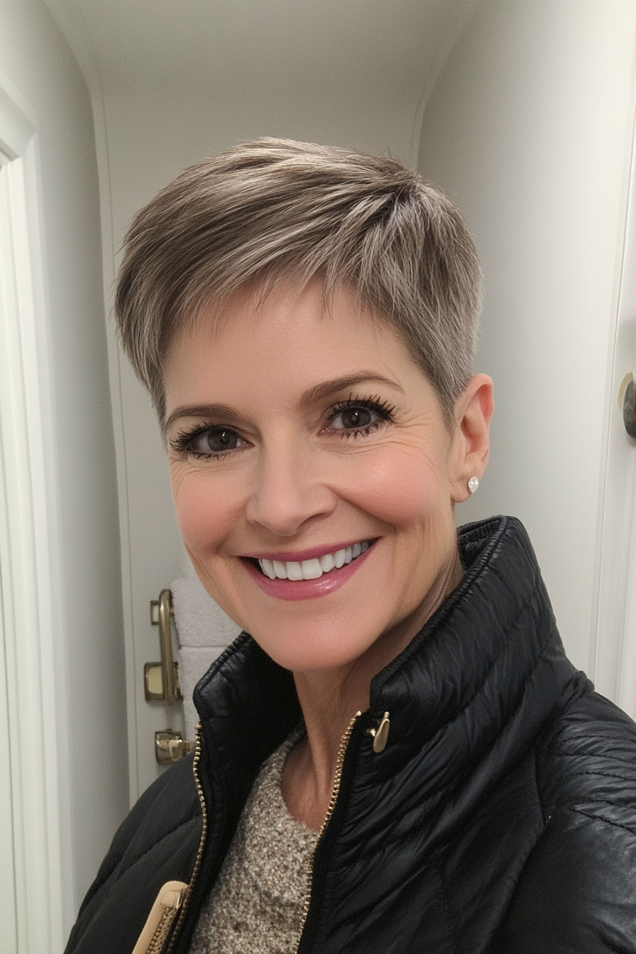 13. Short Cropped Pixie in Ash Brown (Pixie Hairstyles For Older Women) - Pixie Hairstyles For Older Women