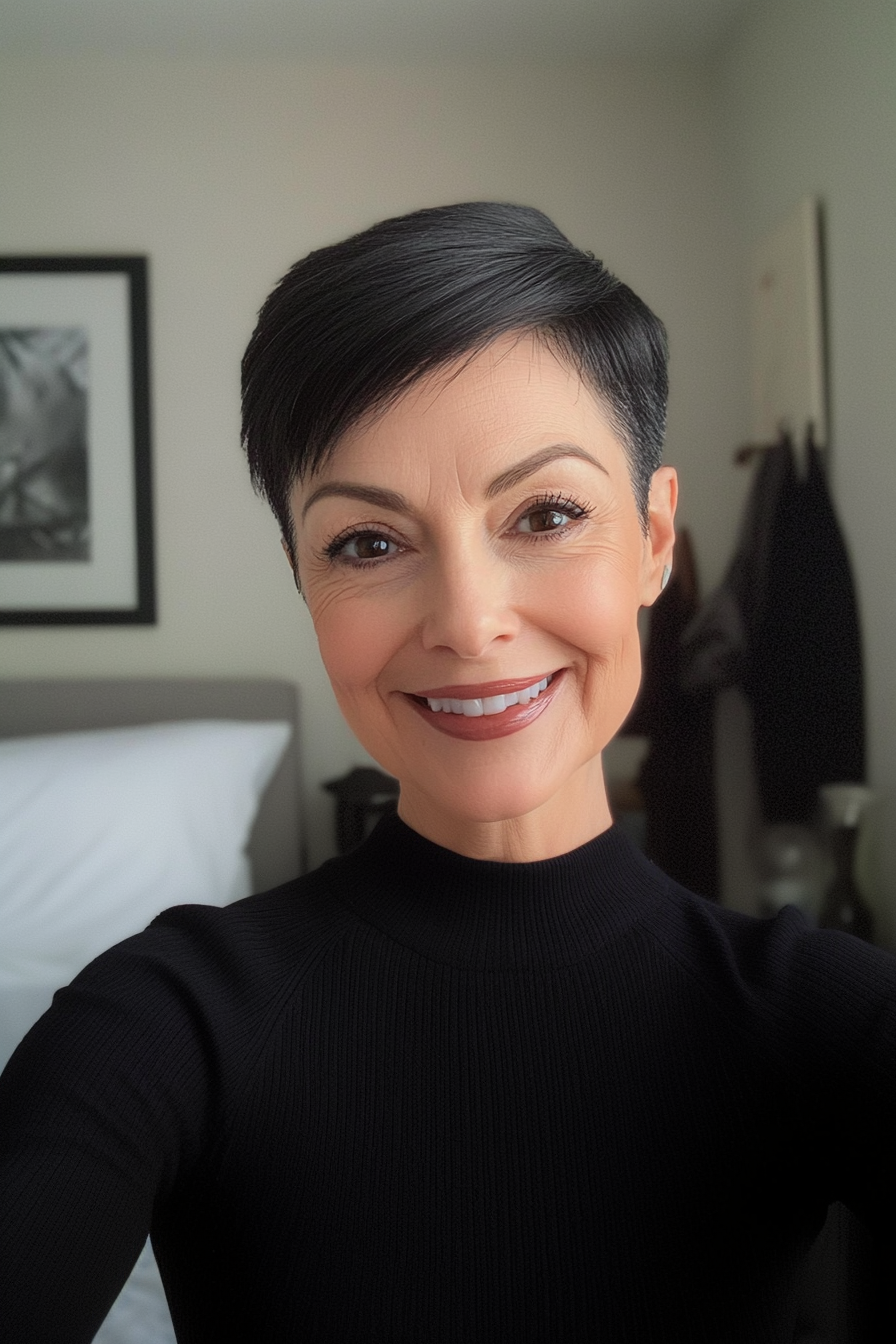 14. Sleek Pixie in Jet Black with Tapered Nape (Pixie Hairstyles For Older Women) - Pixie Hairstyles For Older Women