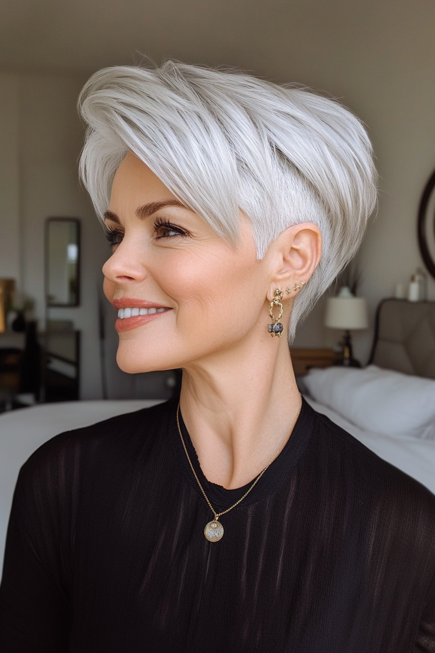 16. Modern Undercut Pixie in Silver White (Pixie Hairstyles For Older Women) - Pixie Hairstyles For Older Women