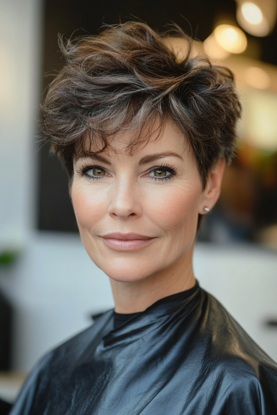 18. Messy Pixie in Dark Chestnut Brown (Pixie Hairstyles For Older Women) - Pixie Hairstyles For Older Women