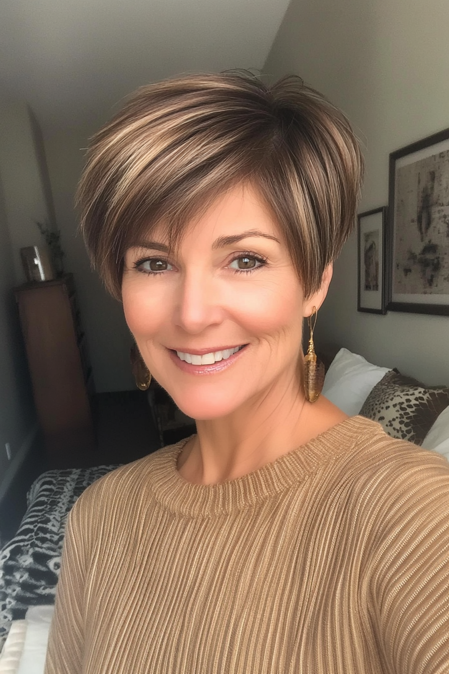 19. Grown-Out Pixie in Warm Honey Brunette (Pixie Hairstyles For Older Women) - Pixie Hairstyles For Older Women