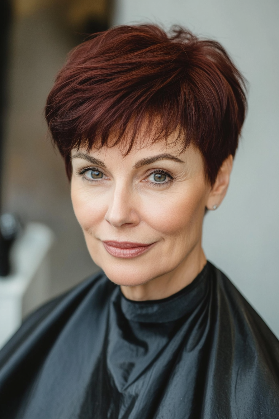 20. Sculpted Pixie in Deep Mahogany (Pixie Hairstyles For Older Women) - Pixie Hairstyles For Older Women