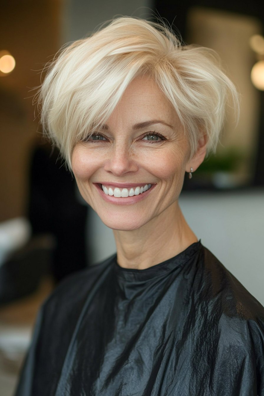 21. Side-Swept Pixie in Cool Pearl Blonde (Pixie Hairstyles For Older Women) - Pixie Hairstyles For Older Women