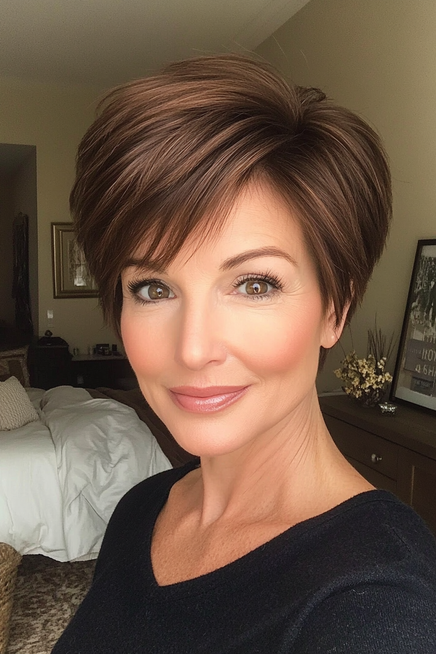 22. Short Angled Pixie in Mocha Brown (Pixie Hairstyles For Older Women) - Pixie Hairstyles For Older Women