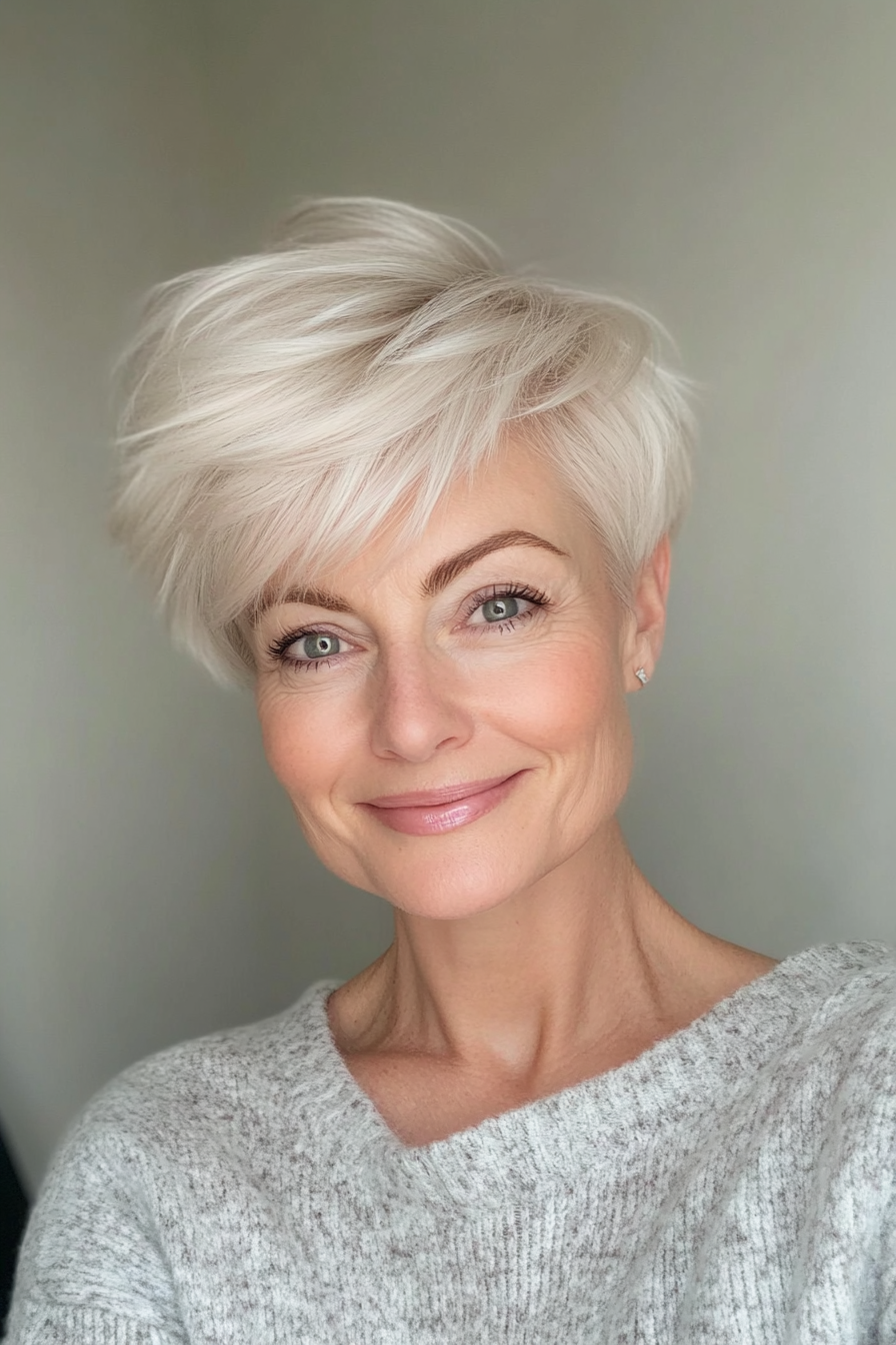 23. Soft Layered Pixie in Platinum Blonde (Pixie Hairstyles For Older Women) - Pixie Hairstyles For Older Women