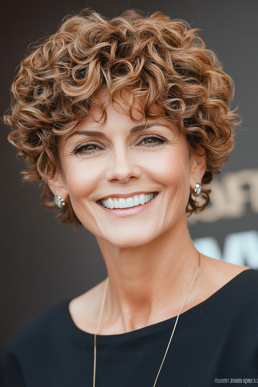 24. Curly Pixie with Face-Framing Layers in Warm Cinnamon Brown (Pixie Hairstyles For Older Women) - Pixie Hairstyles For Older Women