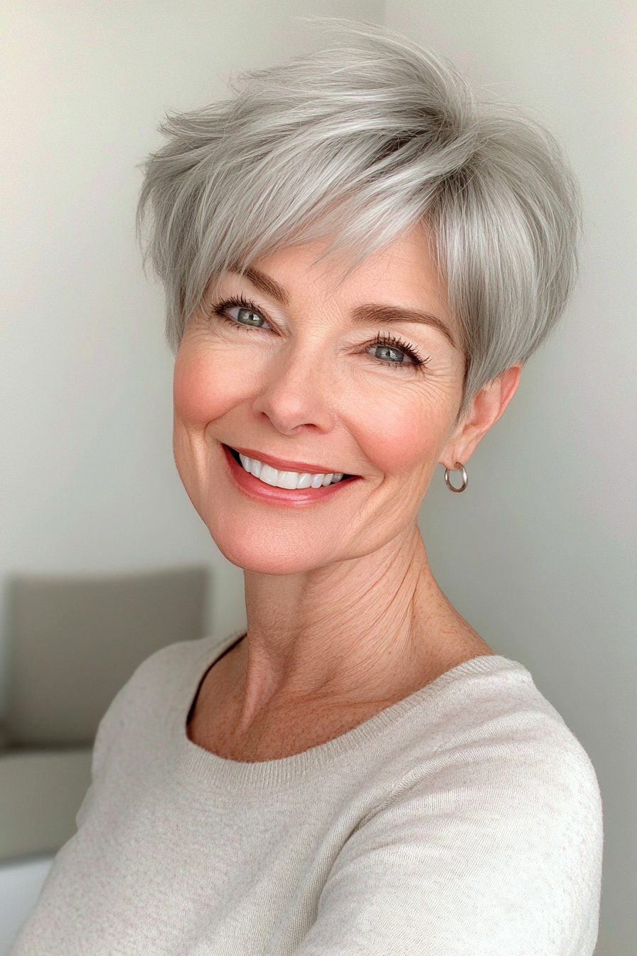 25. Wispy Fringe Pixie in Natural Silver (Pixie Hairstyles For Older Women) - Pixie Hairstyles For Older Women