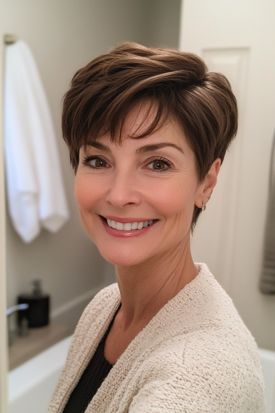 26. Classic Boyish Pixie in Rich Brown (Pixie Hairstyles For Older Women) - Pixie Hairstyles For Older Women