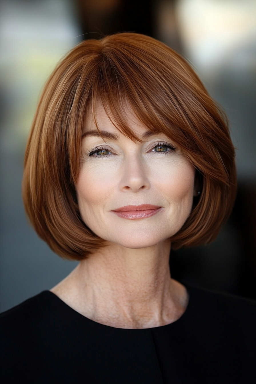 2. Classic French Bob in Warm Chestnut (Short Hairstyles For Older Women With Fine Hair) - Short Hairstyles For Older Women With Fine Hair