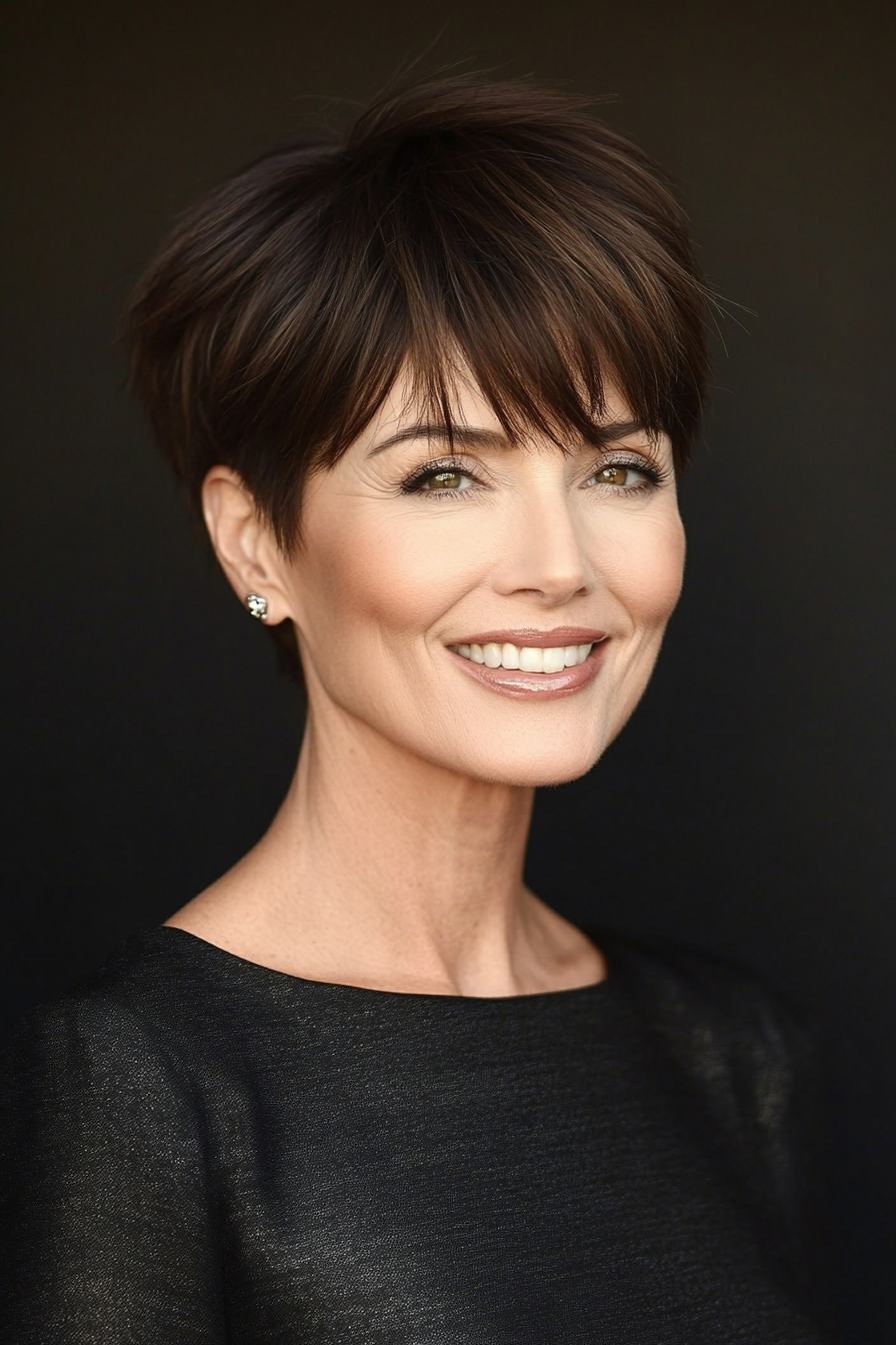 4. Tapered Pixie in Deep Brunette (Short Hairstyles For Older Women With Fine Hair) - Short Hairstyles For Older Women With Fine Hair