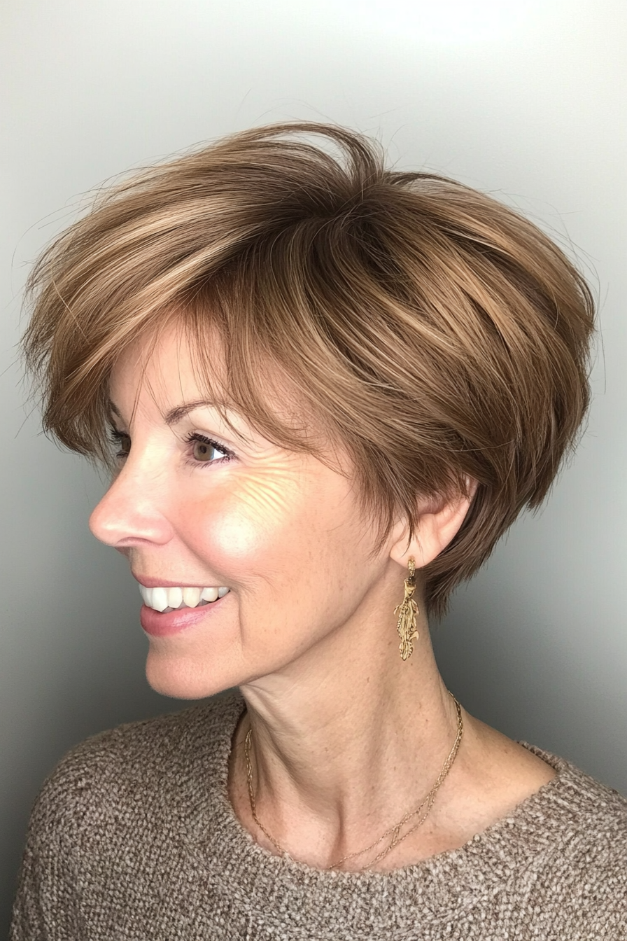 7. Wispy Layered Pixie in Honey Brown (Short Hairstyles For Older Women With Fine Hair) - Short Hairstyles For Older Women With Fine Hair