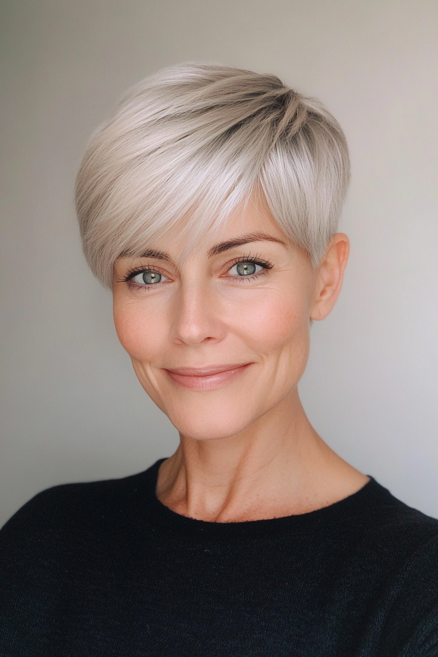 11. Pixie with Side Bangs in Silver Blonde (Short Hairstyles For Older Women With Fine Hair) - Short Hairstyles For Older Women With Fine Hair