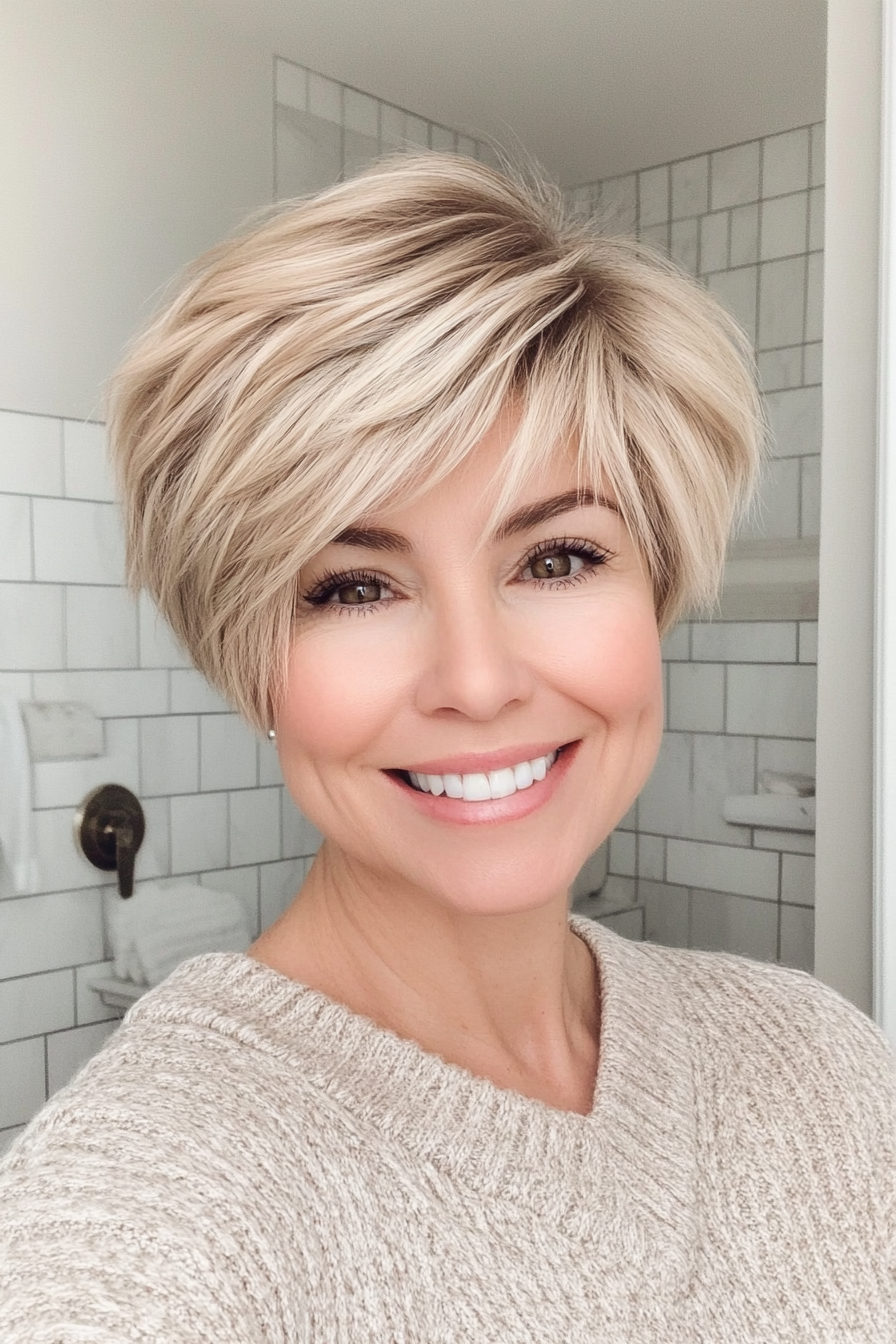 16. Layered Pixie with Volume in Soft Beige Blonde (Short Hairstyles For Older Women With Fine Hair) - Short Hairstyles For Older Women With Fine Hair