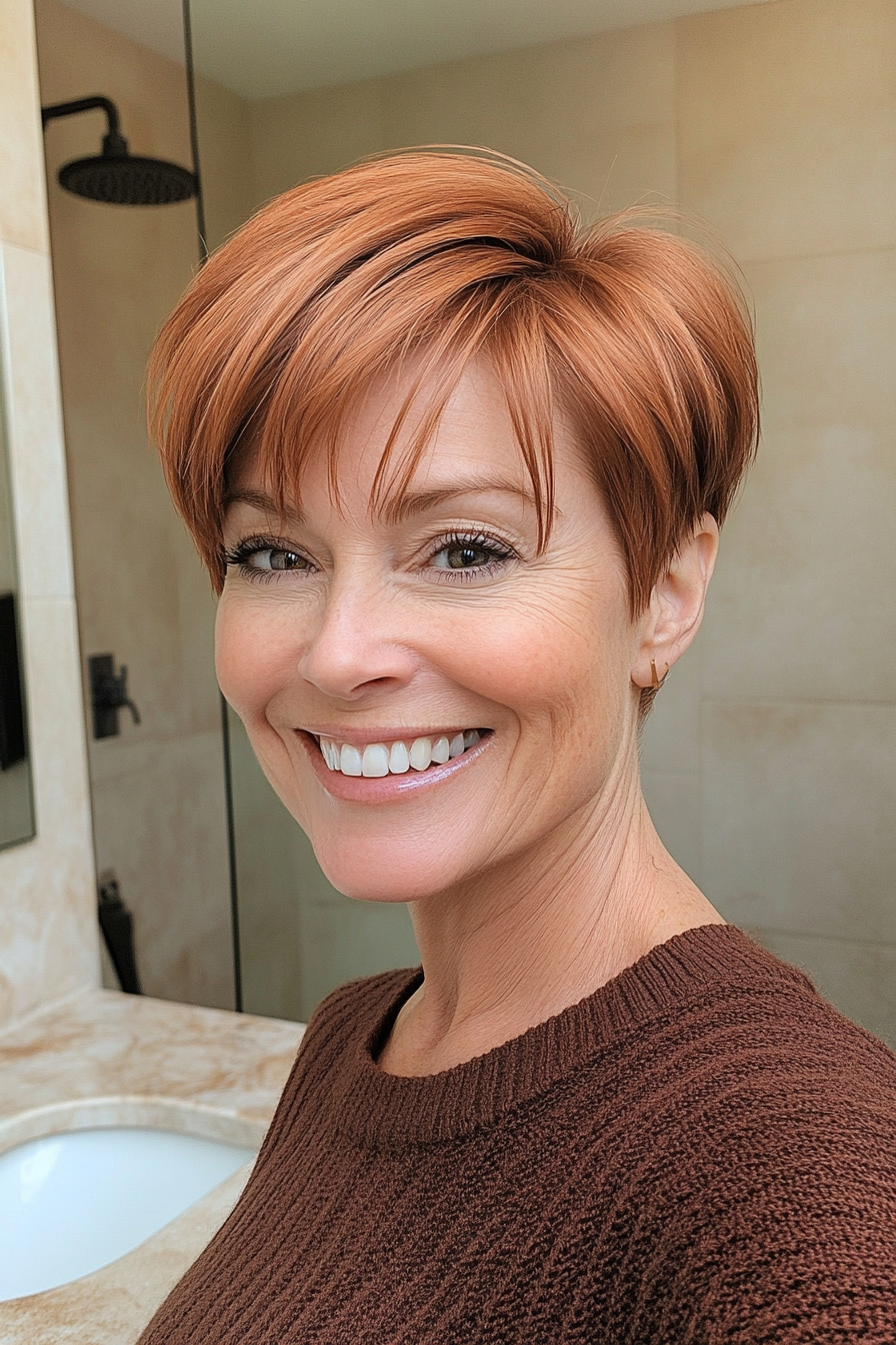 17. Ear-Length Blunt Cut in Warm Cinnamon Brown (Short Hairstyles For Older Women With Fine Hair) - Short Hairstyles For Older Women With Fine Hair