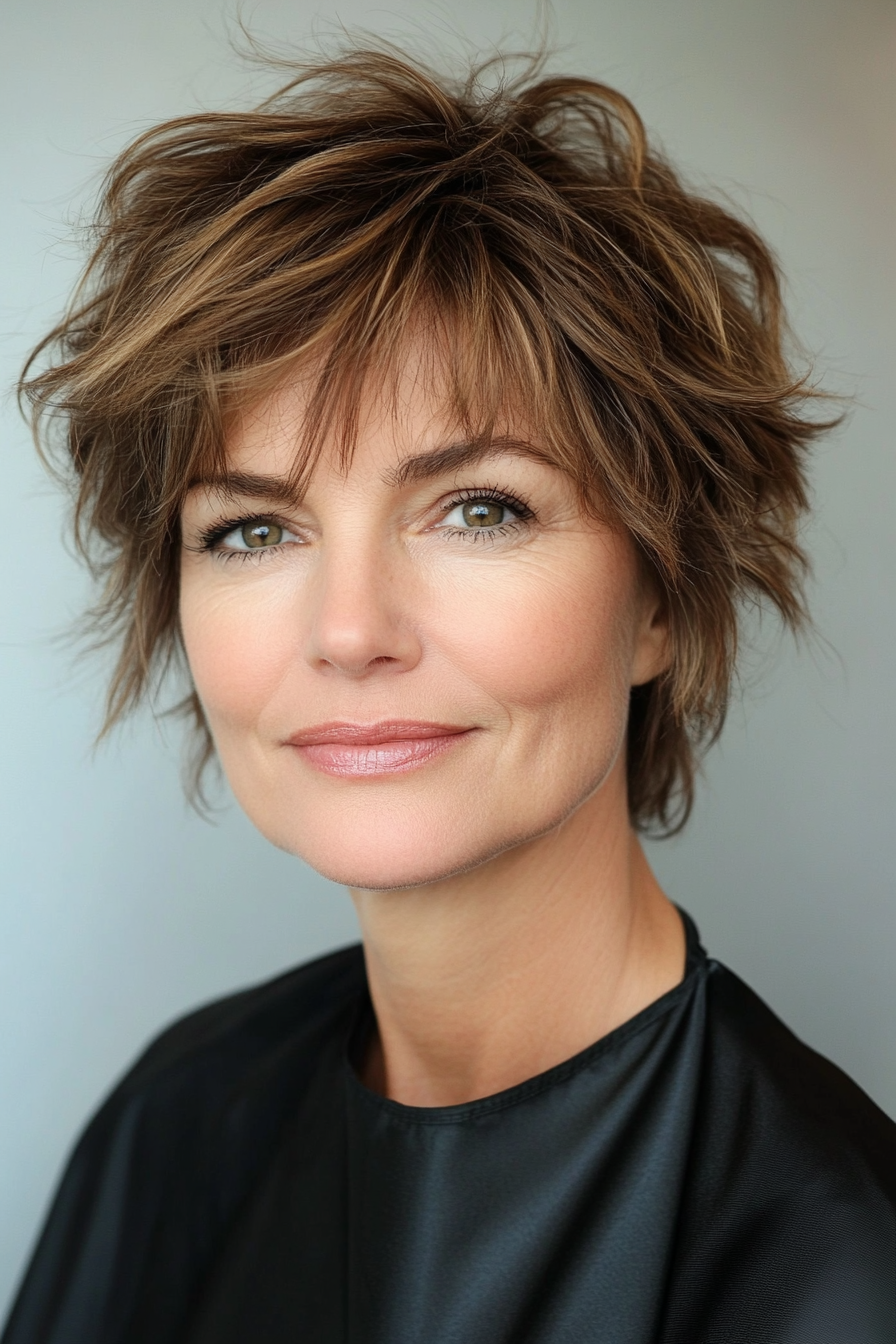22. Layered Shaggy Pixie in Soft Brown (Short Hairstyles For Older Women With Fine Hair) - Short Hairstyles For Older Women With Fine Hair