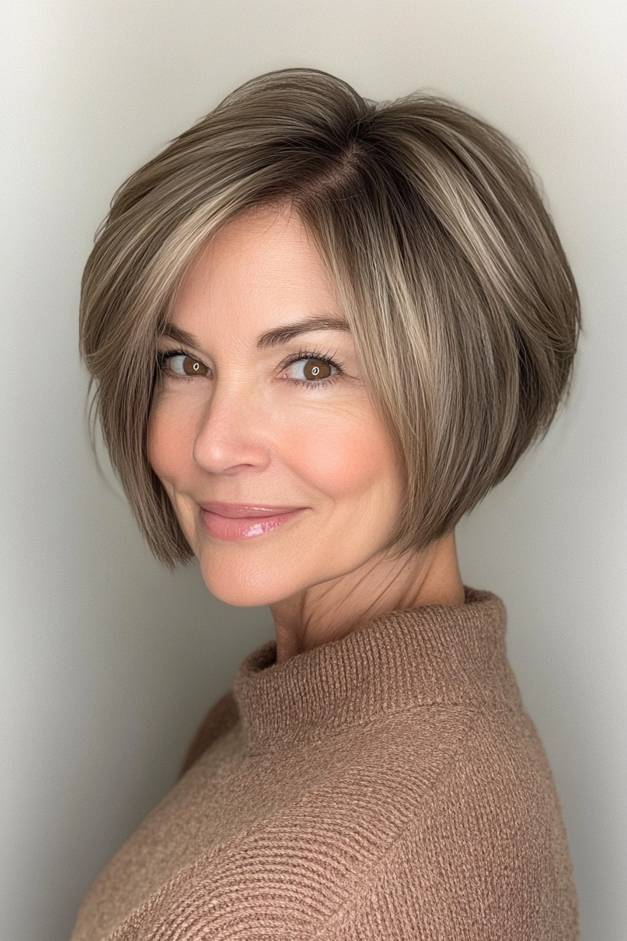 25. Short Angled Bob in Warm Maple Brown (Short Hairstyles For Older Women With Fine Hair) - Short Hairstyles For Older Women With Fine Hair