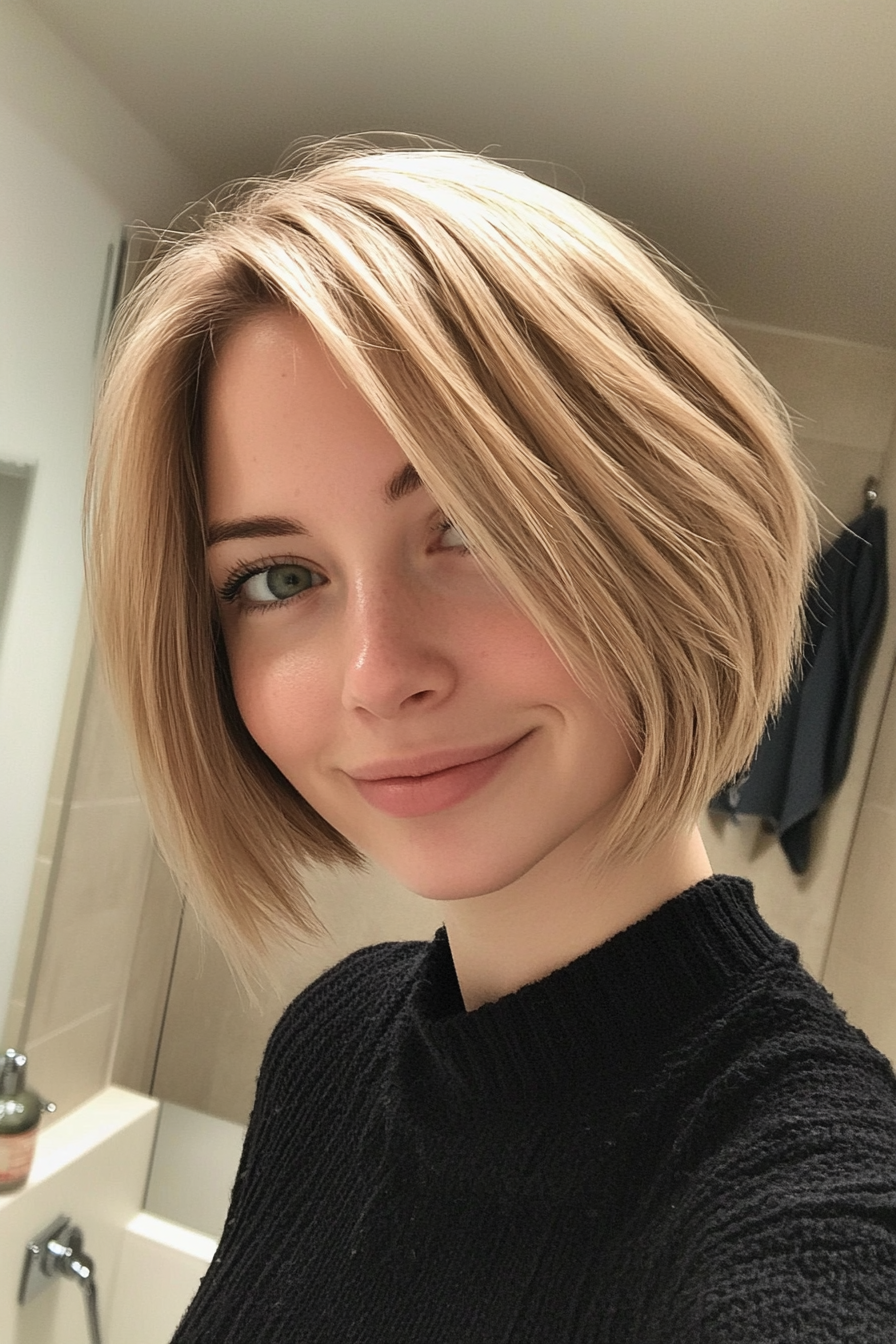 23. Blended Bob with Side Bangs in Sandy Blonde (Spring Haircuts) - Spring Haircuts