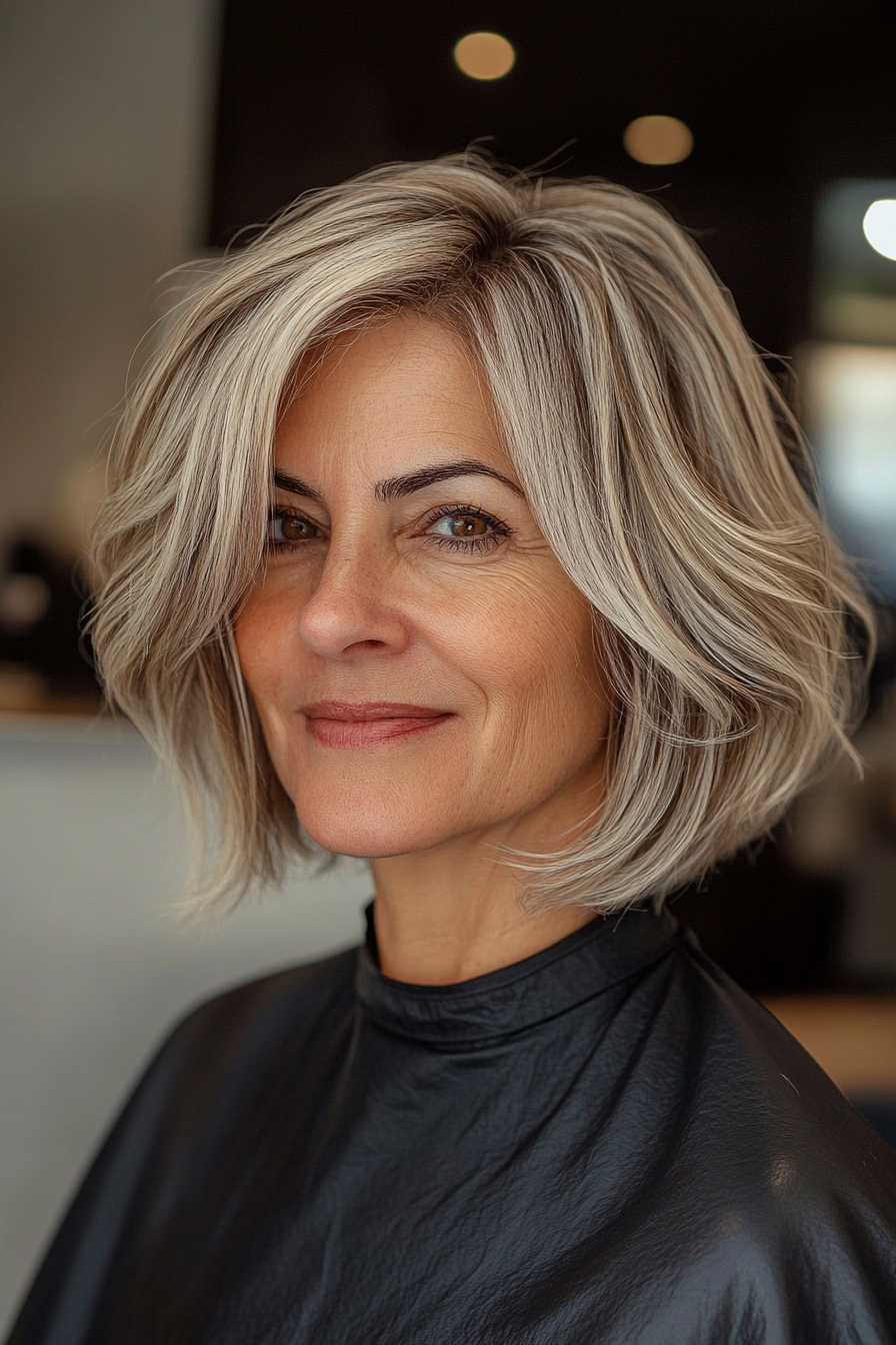 7. Layered Shaggy Bob in Salt-and-Pepper (Bob Hairstyles For Women Over 60) - Bob Hairstyles For Women Over 60