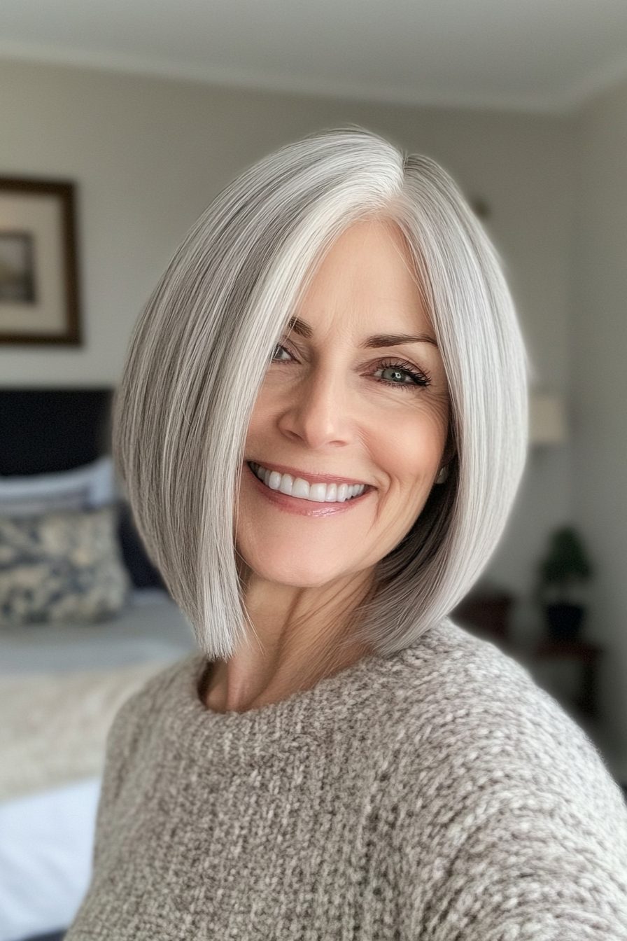 10. Angled Bob in Soft Silver (Bob Hairstyles For Women Over 60) - Bob Hairstyles For Women Over 60