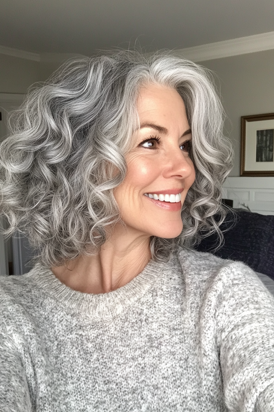 14. Curly Bob in Natural Grey (Bob Hairstyles For Women Over 60) - Bob Hairstyles For Women Over 60