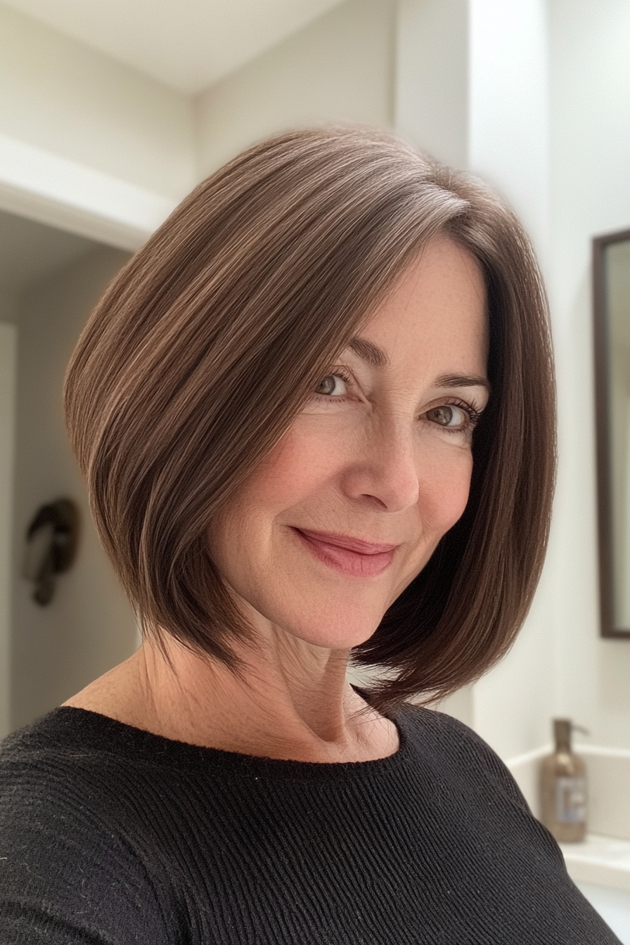 16. Neck-Length Bob in Warm Mocha Brown (Bob Hairstyles For Women Over 60) - Bob Hairstyles For Women Over 60