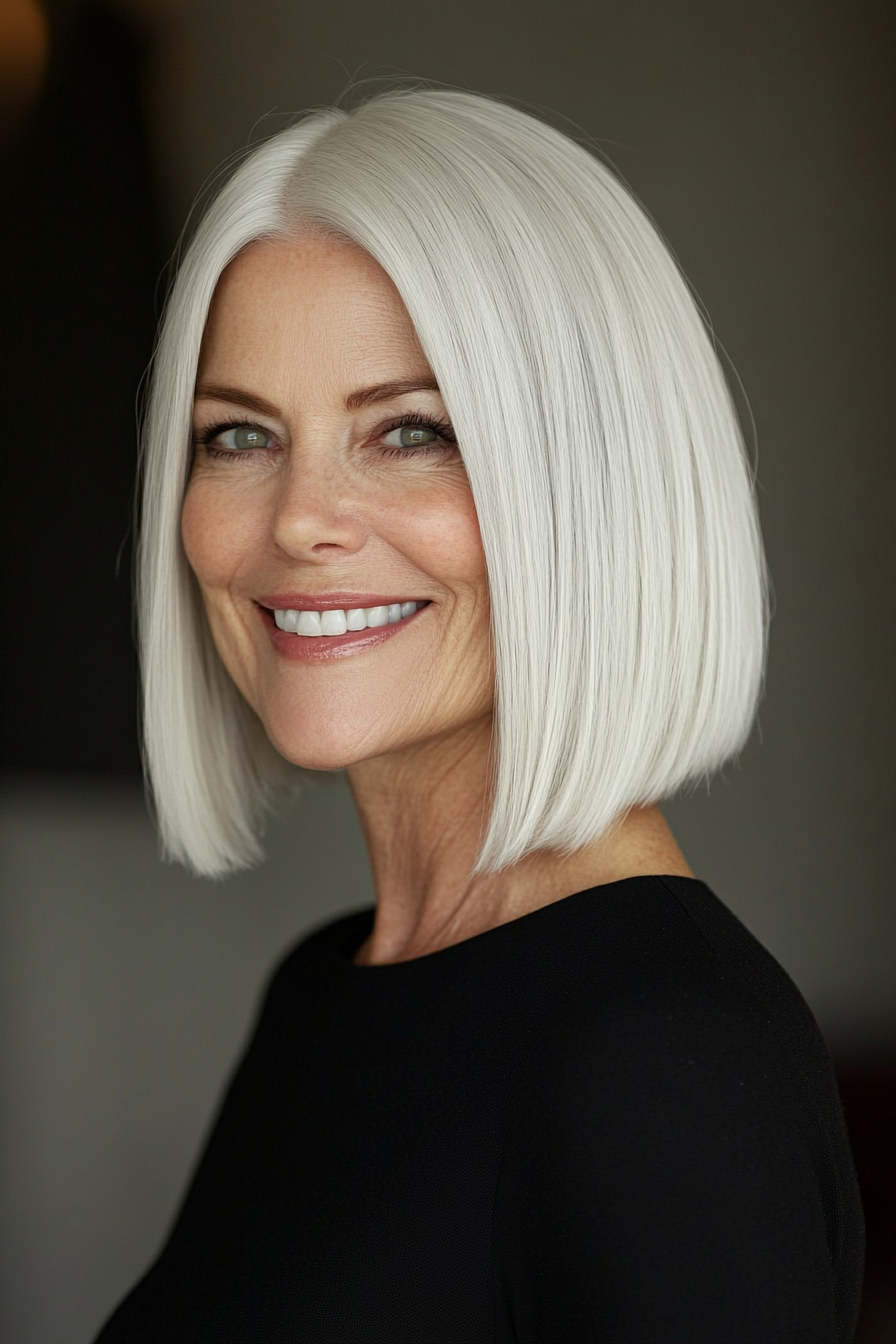 18. Modern Blunt Bob in Natural White (Bob Hairstyles For Women Over 60) - Bob Hairstyles For Women Over 60