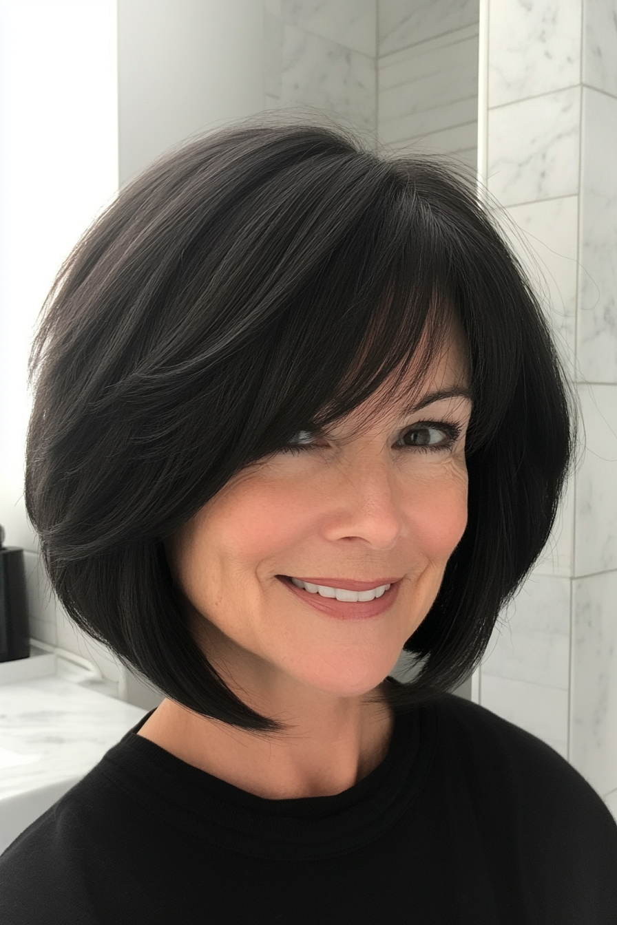 23. Layered Bob with Bangs in Natural Black (Bob Hairstyles For Women Over 60) - Bob Hairstyles For Women Over 60