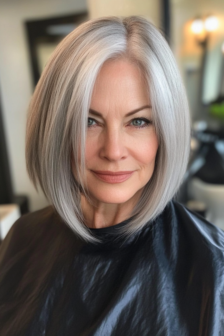 25. Asymmetrical Bob in Smoky Silver (Bob Hairstyles For Women Over 60) - Bob Hairstyles For Women Over 60