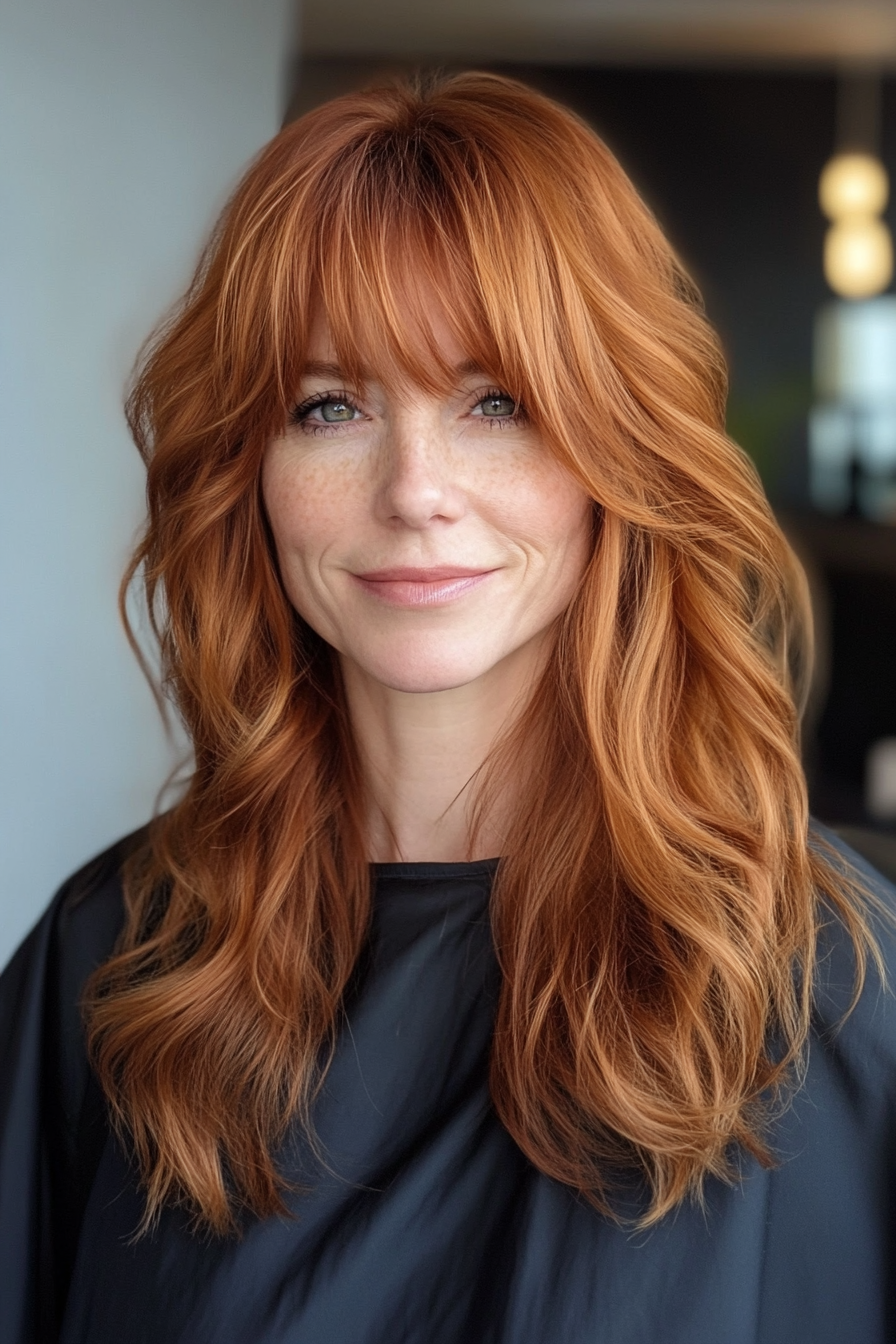 2. Curtain Bangs with Soft Auburn Waves (70S Haircuts For Women) - 70S Haircuts For Women