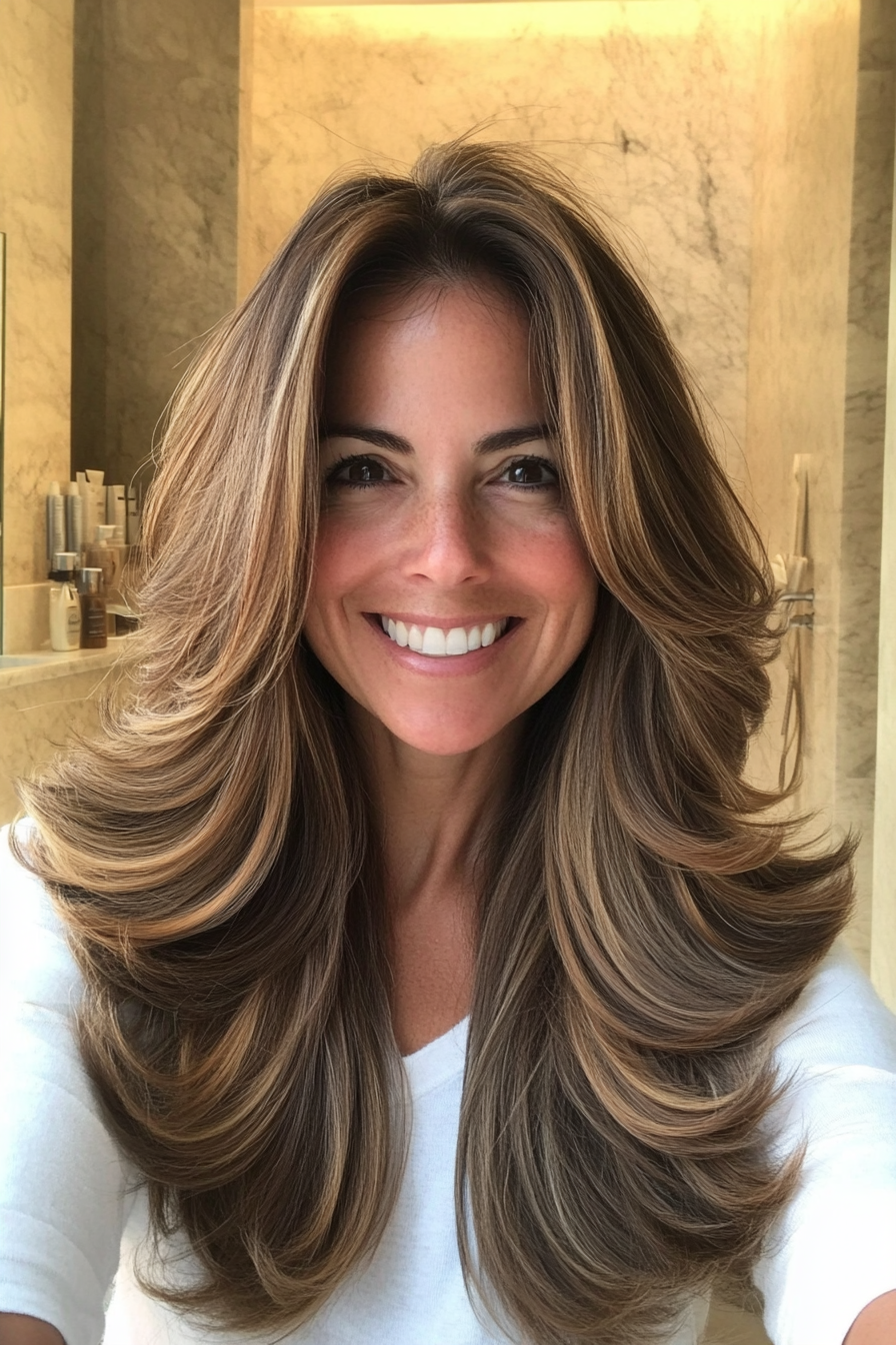 13. Long Layers with Caramel Highlights (70S Haircuts For Women) - 70S Haircuts For Women