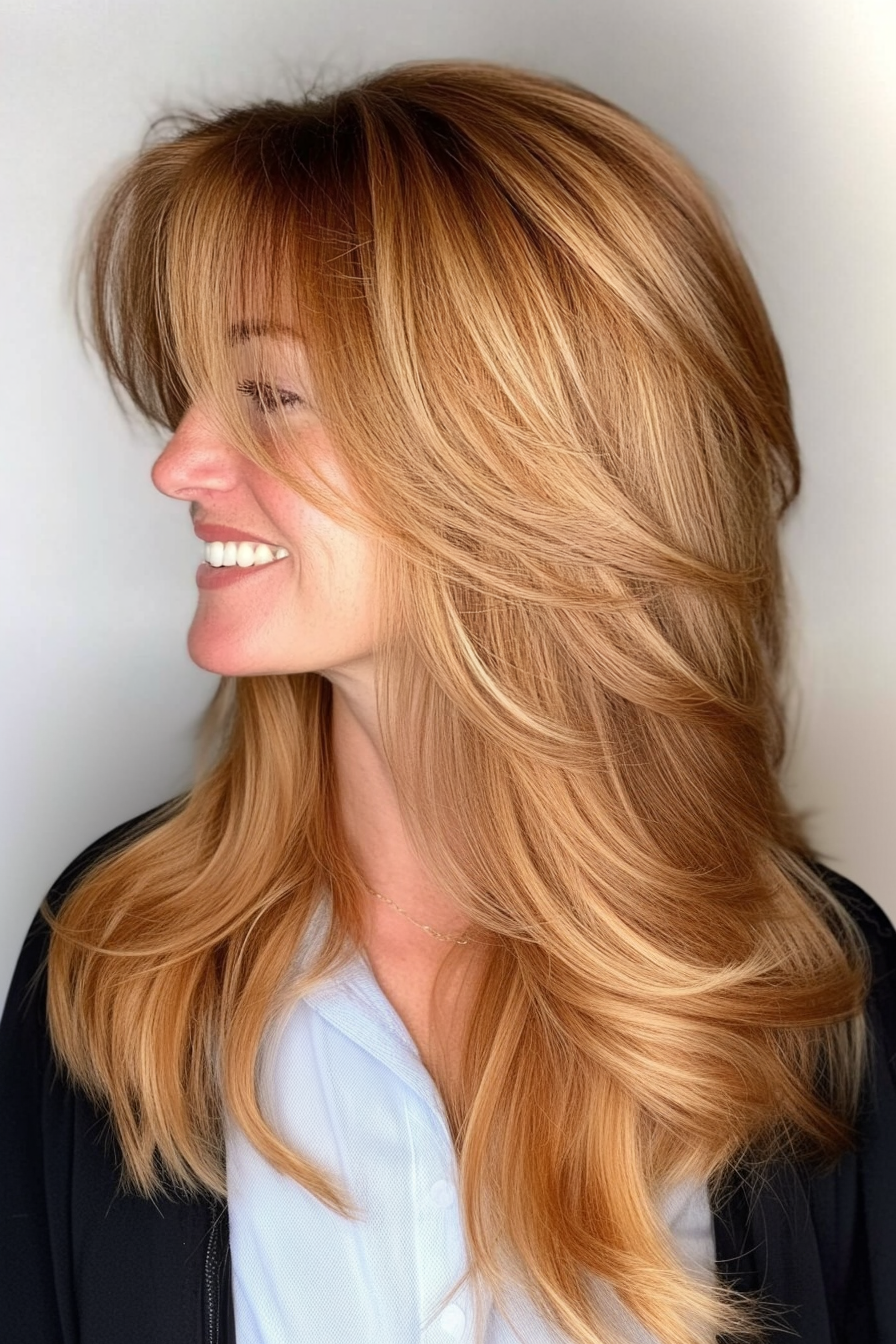 22. Wispy Bangs with Medium Golden Brown Layers (70S Haircuts For Women) - 70S Haircuts For Women